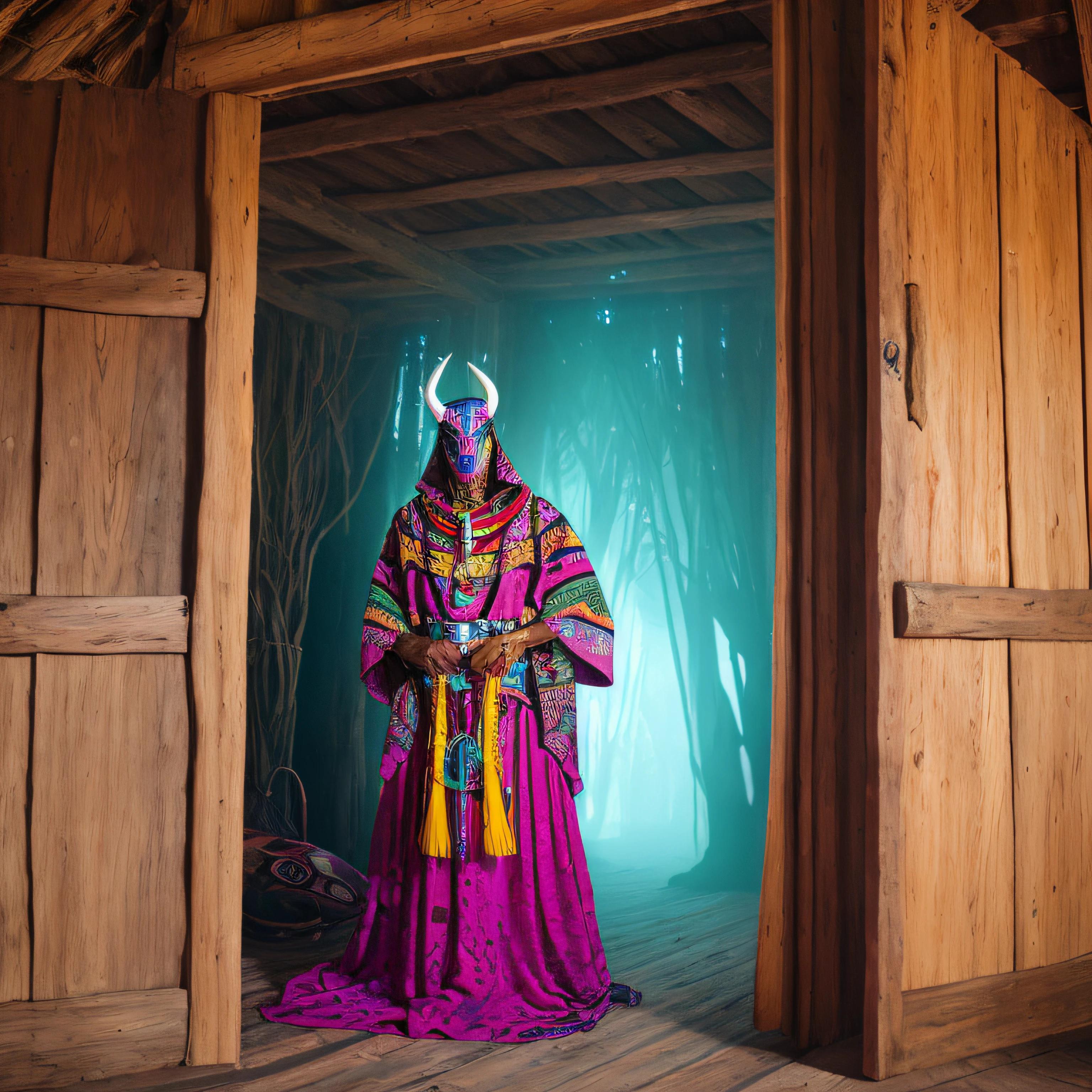 Grace Jones as the focus of the image, giant size, perfect face, devilish face, wearing a red necklace with horns, white tribal paint by the body, yellow eyes, illuminated green staff, ethnic high heels, Grace Jones inside the wooden house, African God dressed as a tribal devil, African God in the forest, masked and muscular man, masked man with wings,  pink clothing, color premínio, purple, turquoise, yellow and silver, background consisting of wooden room with open door to a forest illuminated by moonlight, tribal mask, mask covering eyes and mouth, colored macara, straw mask, scary mask, MASK, colorful and full moons, starry sky, wooden house with ritualistic objects, voodoo,  tree branches entering the wooden house through the door, wooden house catching cute, snakes by the environment, best quality, masterpiece, high resolution, 8k, hyper-realistic image, professional photo, realistic image, full body view, bottom-up angle