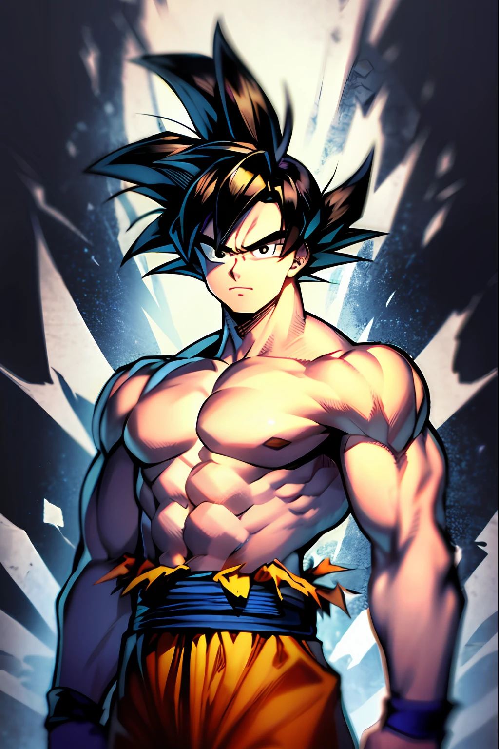 son goku, 1boy, closed mouth, male focus, muscular, muscular male, rock, sash, serious, solo, spiked hair, topless male, torn clothes, ultra instinct, black eyes, black hair, ((masterpiece))