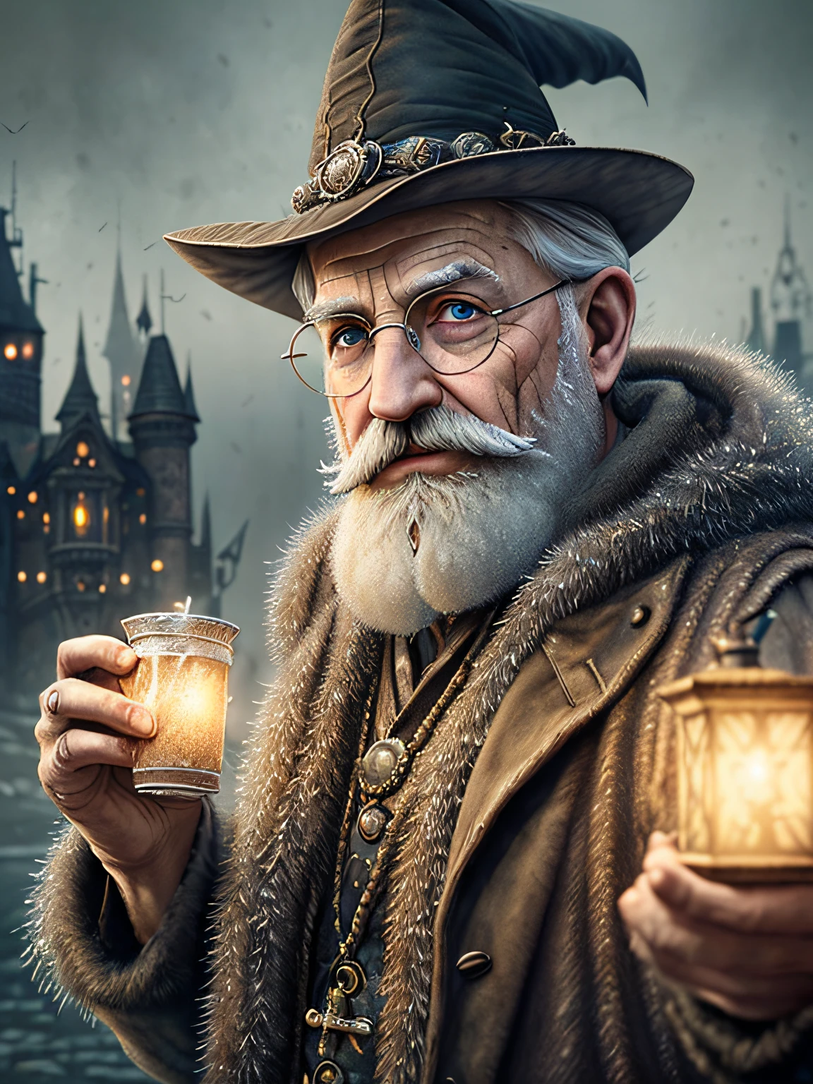 a portrait photo Old man, Merlin, dirty, freezing, masterpiece, (beautiful detailed eyes:1.1), best quality, big mustache, illustration, (detailed lighting:1.4), detailed water, (beautiful detailed glow:1.3), fur coat, thick fur, witch hat, old glasses, intricate, digital painting, smooth, sharp focus, end of the world, epic realistic, (hdr:1.4), (muted colors:1.4), apocalypse, abandoned, neutral colors, night, screen space refractions, (intricate details), (intricate details, hyperdetailed:1.2), artstation, cinematic shot, vignette, complex background, building, magic firefly --auto