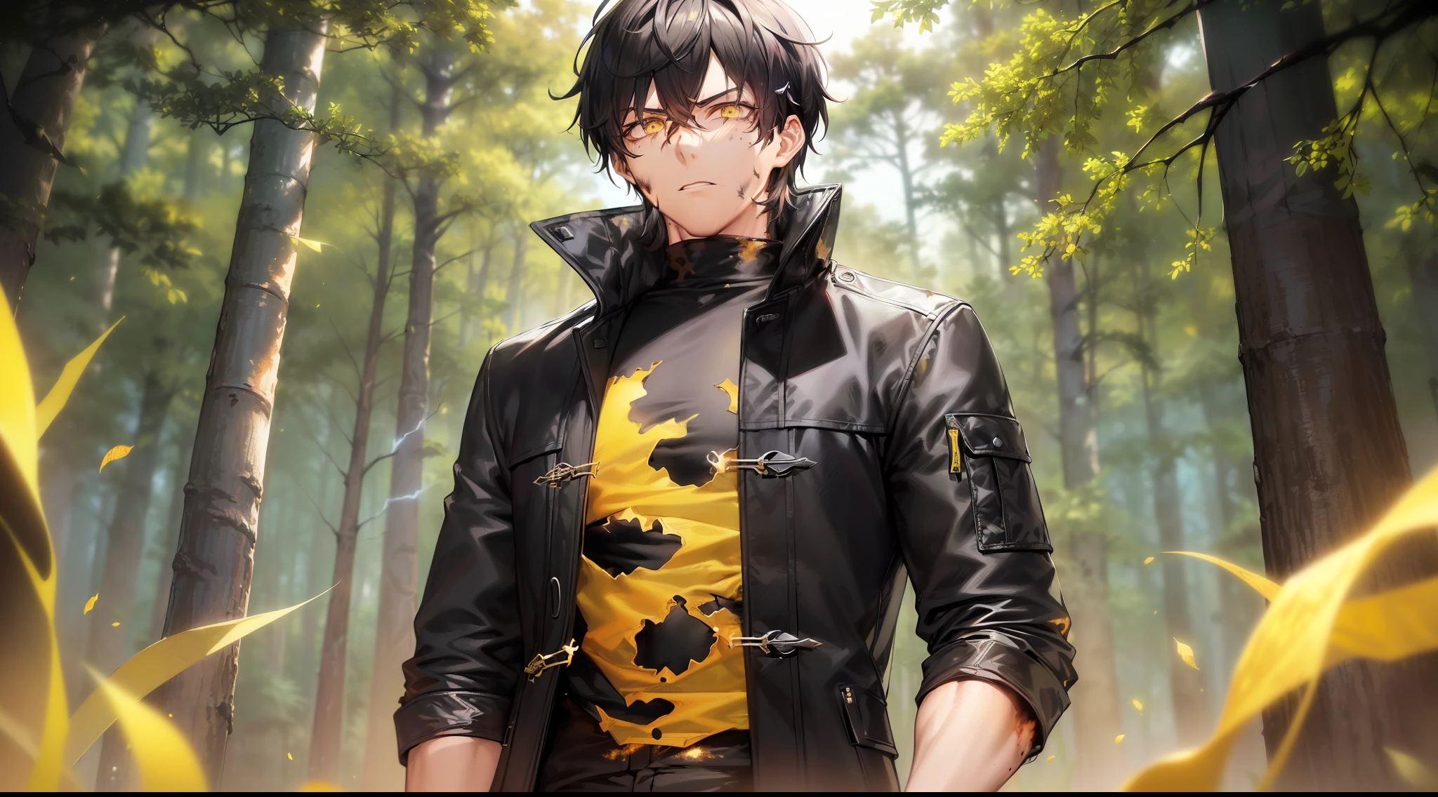 masterpiece, best quality, badass anime, high quality, human, mature handsome male, (((solo))), (male focus), ((mature)), ((black)) short hair, hair between eyes, slim, ((yellow pupils)), glowing pupils, detailed eyes, front view, (clothing, (topwear: ((black modern coat, black t-shirt), bottomwear:(pants: black)), standing, detailed clothing, coat collar, tall, (serious expression), (((burnt forest))), trees, falling leaves, (detailed background), clothing covered with yellow glowing stripes, (gold lightning channeling around the body)