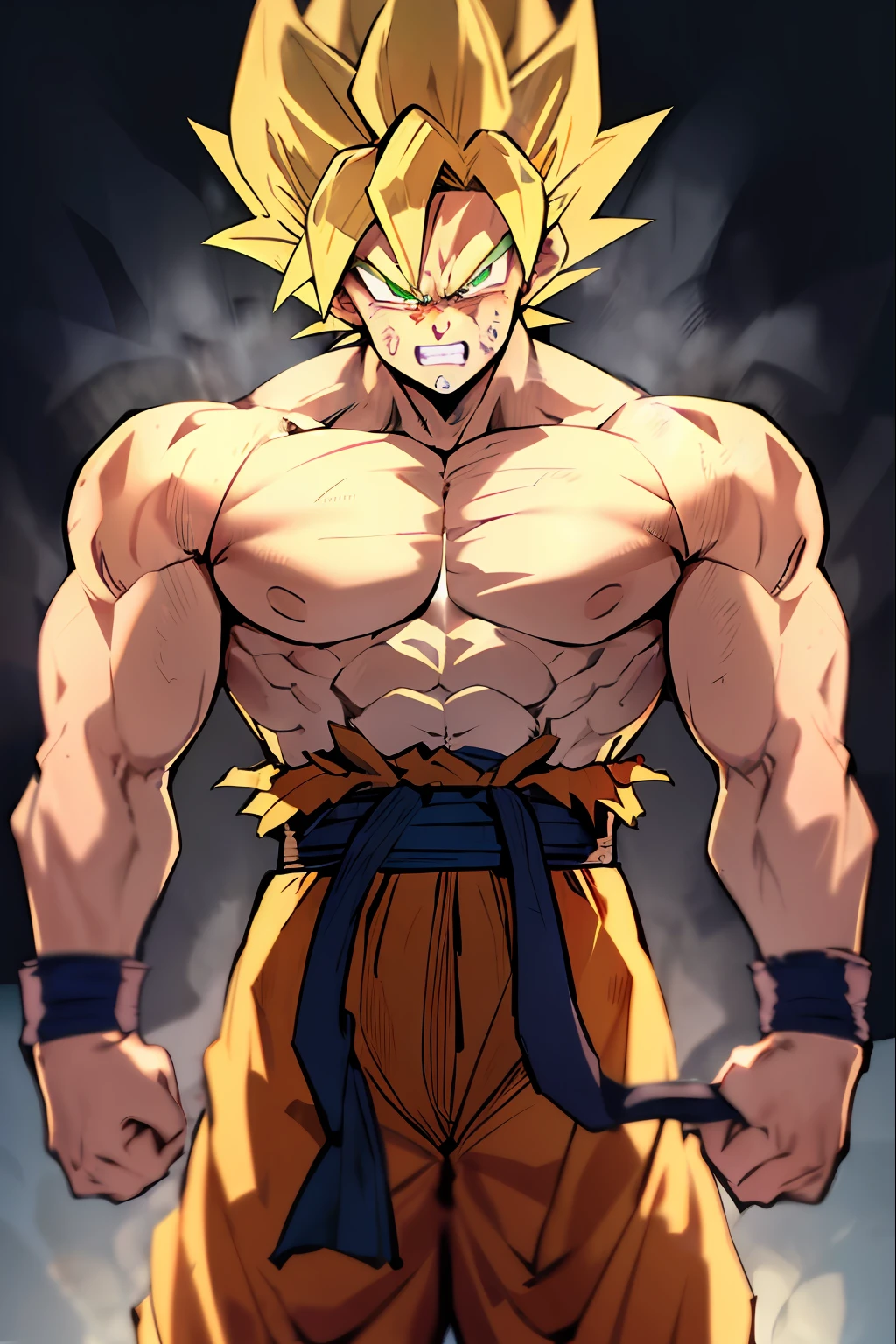 son goku, 1boy, angry, battle damage, blonde hair, blue sash, clenched teeth, furious, green eyes, male focus, muscular, muscular male, pectorals, sash, solo, spiked hair, super saiyan, super saiyan 1, teeth, topless male, torn clothes, wristband, ((masterpiece))