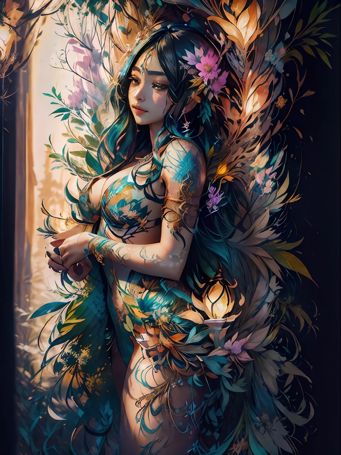Create a beautiful tree, tree woman With the torso with a feminine silhouette. a perfect female body With green leaves. digital drawing, perfect face, glowing skin, 8k concept art portrait, dynamic, detailed lighting, fractal complex background, alcohol ink drawing. black background with paint splatters, by Hirohiko Araki, Official Art, Unity 8K Wallpaper, Masterpiece, Best Quality, (Zenredar, mandala, tangle, tangle), 1 beautiful platinum and black and gold Caucasian hair girl, Angle dynamic, The Most Beautiful Form of Chaos, elegant, bright colors, romanticism, By James Jean, Takato Yamamoto, Ashley Wood, ecstasy of music notes, transmission of visible music notes, Style Wtrcolor, blown by the wind, Masterpiece, ((watercolor )), paint splatters, intricate details. [drip: 0.7], Trending on Artstation, Rachel Walker, Style-Painting-1900, A beautiful nude woman completely covered in paint floating in a pool, beautiful lighting, beautiful large detailed eyes, Nirvana, relaxed, paint drips, Spirals of Paint, Paint Splatter, (Beautiful Swirls of Paint Swirls), by By Sandra Chevrier, vivid contrasting colors, chromatic aberration, black background, Best Quality, (realistic: 1.2), (high contrast: 1.2), black hair and gold and silver and bronze decoration, goddess of the forest, beautiful caucasian girl close-up, beautiful goddess fused with forest and trees, black hair fused with platinum and gold, girl naked skin wet with water, beautiful visible pubic area, pink pesons, Exposed small breasts, garden pond, mandala and flower tattoos on the naked body, floating antique clock, lamp, lantern, garden pond, visible beautiful pubic area, pink nipples, small breasts in the view, full body, Sakimichan art, oriental mandala tattoo, fractal background, silver and gold and bronze spirit, floating ancient clock, ancient lamp, faint smile, view from below, towering goddess, nude female body fused into forest vines and leaves of trees, roman column, ancient temple with garden and pond