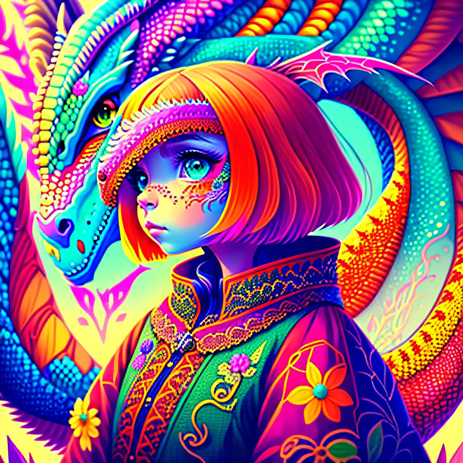 (Best Quality,illustration, Intricate Details), hyperdetailed colourful ,
((a girl and the dragon)), (4k texture), 
, LSD, Sharp focus, Cinematic, Trending on ArtStation,