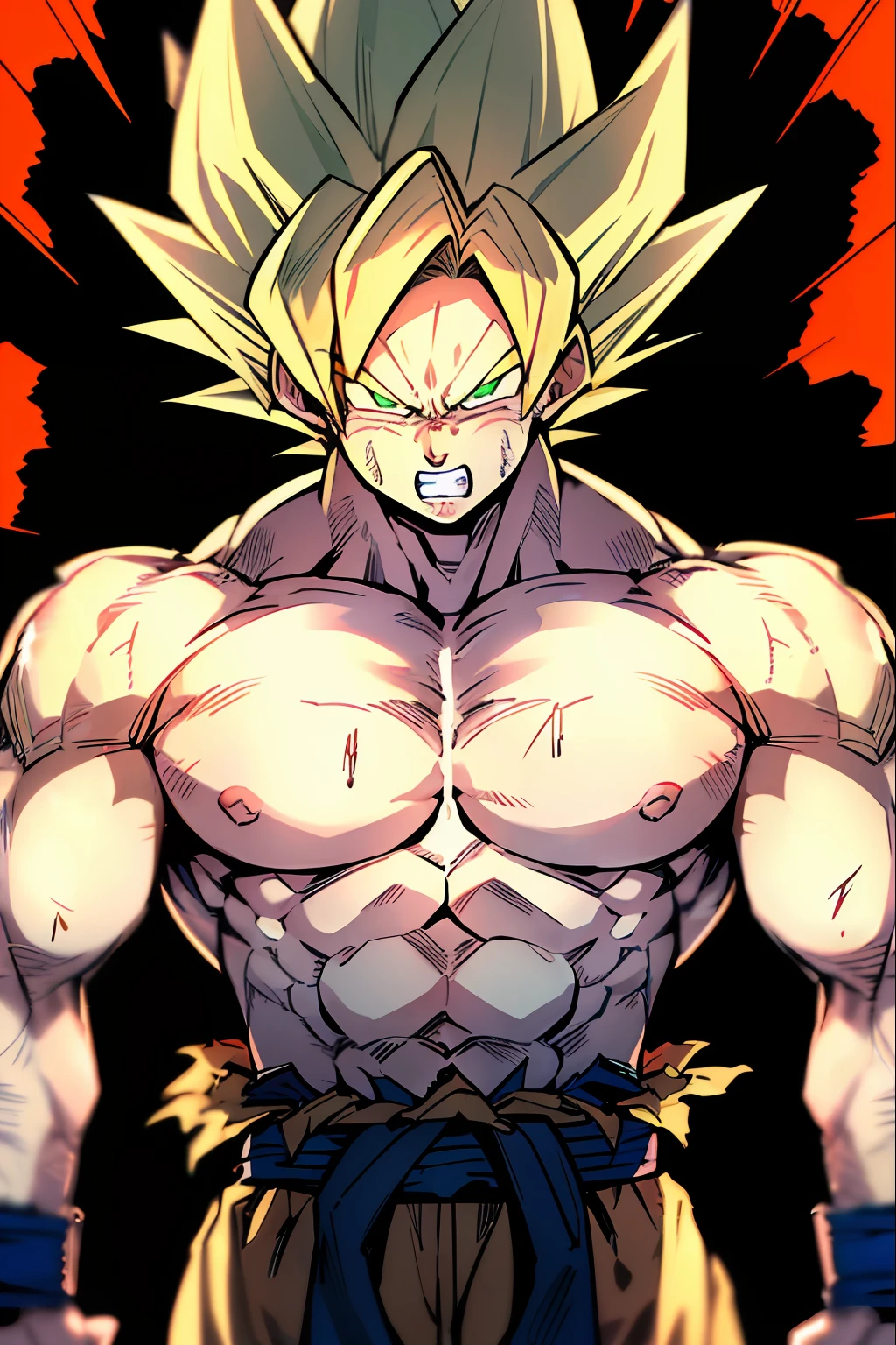 son goku, 1boy, angry, battle damage, blonde hair, blue sash, clenched teeth, furious, green eyes, male focus, muscular, muscular male, pectorals, sash, solo, spiked hair, super saiyan, super saiyan 1, teeth, topless male, torn clothes, wristband, ((masterpiece))