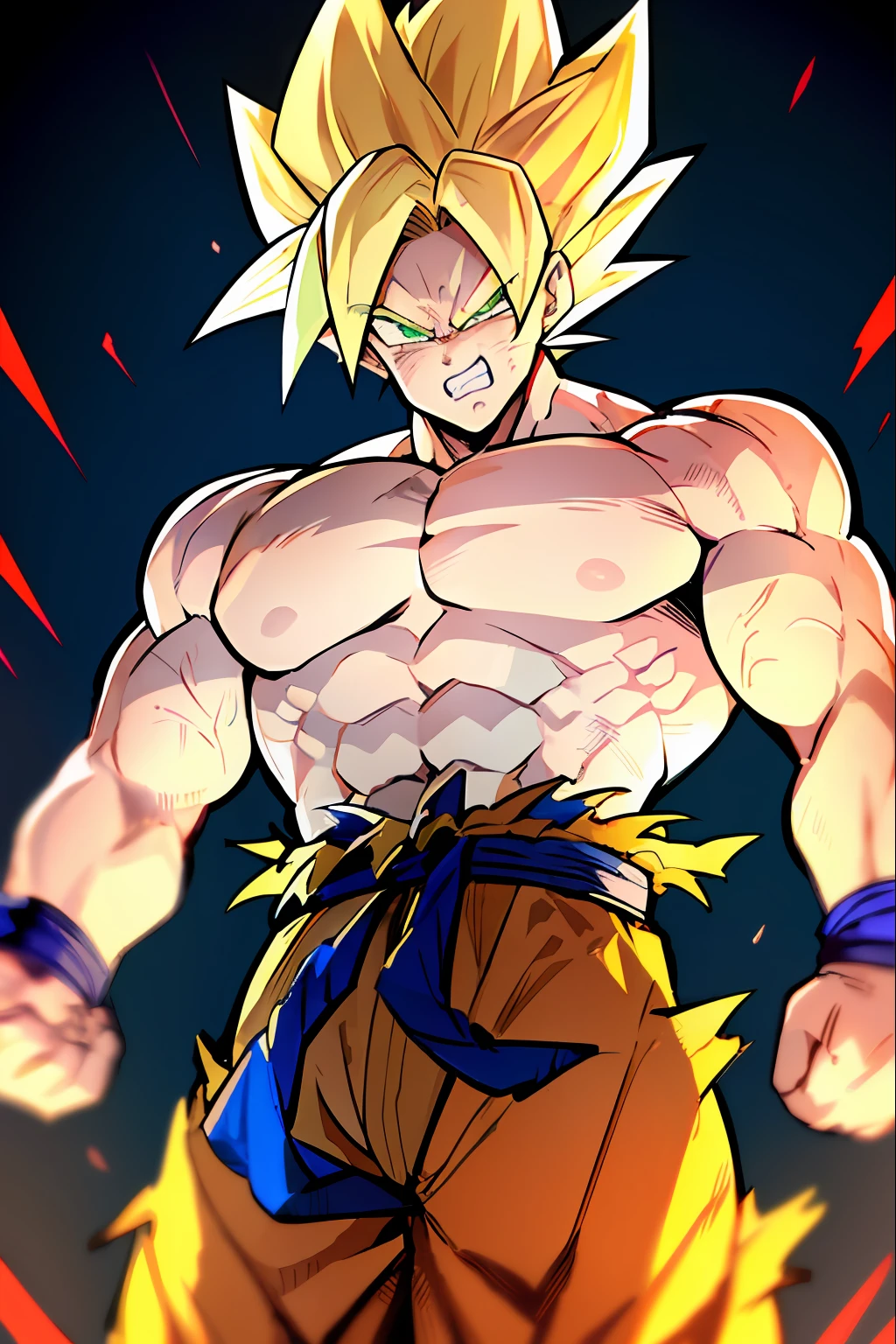 son goku, 1boy, angry, battle damage, blonde hair, blue sash, clenched teeth, furious, green eyes, male focus, muscular, muscular male, pectorals, sash, solo, spiked hair, super saiyan, super saiyan 1, teeth, topless male, torn clothes, wristband, ((masterpiece))