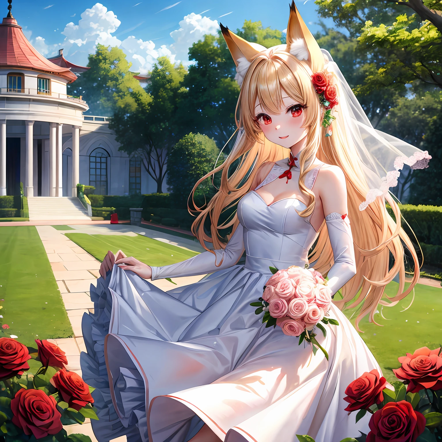 a blond、red eyes、One pretty girl、独奏、animesque、weddingdress、Rose Garden、Fox ears、Fox tail、bouquet