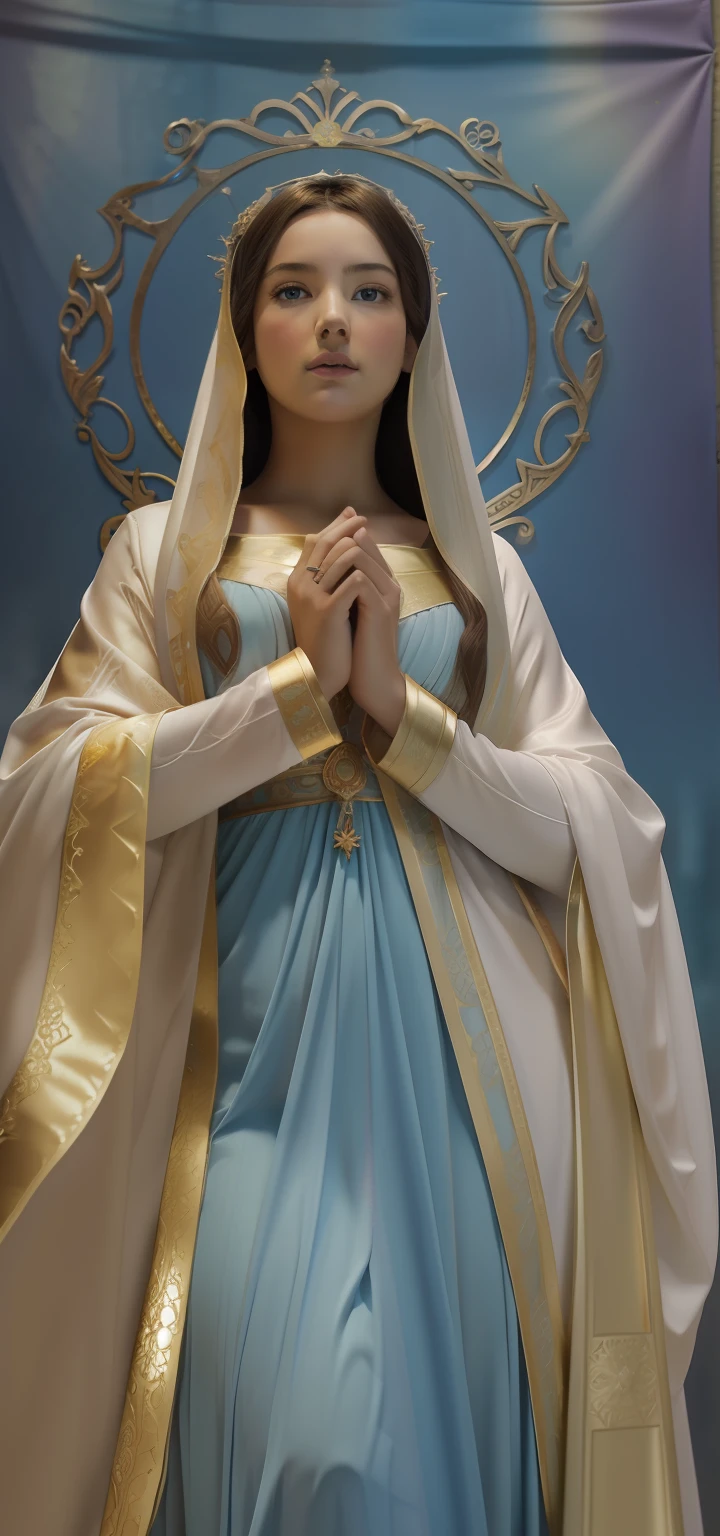 The Virgin Mary and the Child Jesus. MUJER CAUCASICA. 19 years old, DULCE Y LA INOCENTE MIRADAi ANGELICAL, ultra detailed fine art photography, Aura de medianoche, cielo nocturno, Cara hermosa detallada, Dreamy, resplandeciente, retroiluminado, glamur, Mica, sombras, oil on canvas, Pinceladas, Suave, ultra-high def, 8k, Motor Unreal 5, Ultra Sharp Focus, Arte de Alberto Seveso, Artgerm, loish, Sf, Obra maestra de arte intrincada, ominoso, matte paint movie poster, golden ratio, tendencias en CGSociety, intrincado, epopeya, tendencias en Artstation, por artgerm, Altamente detallado, vibrant production cinematic character render ultra high quality model. obra maestra, calidad superior, mejor calidad, arte oficial, beautiful and aesthetic: 1.2), , extremo detallado, colorido, highest detailed, arte oficial, unidad de papel tapiz 8k, ultra detallado, beautiful and aesthetic, hermoso, obra maestra, mejor calidad,