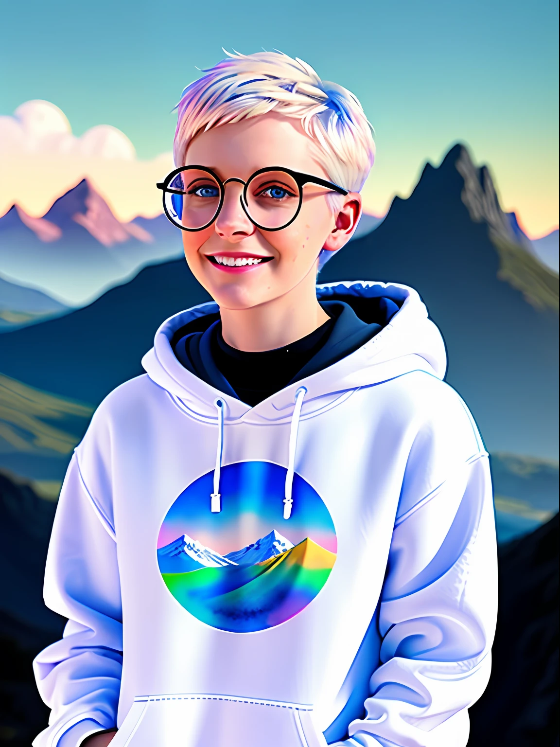 Portrait of ilya kuvshinov and annie leibowitz beautiful smiling  [white swedish blonde] woman with some freckles wearing [hoodie], rainbow circle-glasses, [short hair, (((pixie cut)))], azure eyes,snow covered mountain landscape background. synthwave watercolor on canvas trends artstation dramatic lighting abstract expressionism pastel tones (HD) golden ratio detail aesthetics octane rendering excellent composition natural texture 8k oil painting masterpiece Canon eos r4s 50