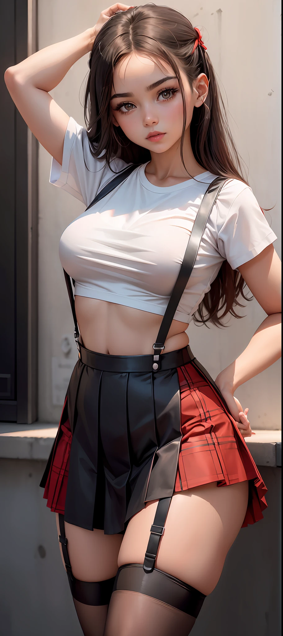 a beautiful girl wearing a skirt and suspenders, vestida como aluna, mini saia estampada em xadrez nas cores preta e vermelha, Open white T-shirt with black suspender, visible abdomen, visible red bra, olhar sensual, poses sensuais, Squeezing the skirt with his hand showing her thighs.