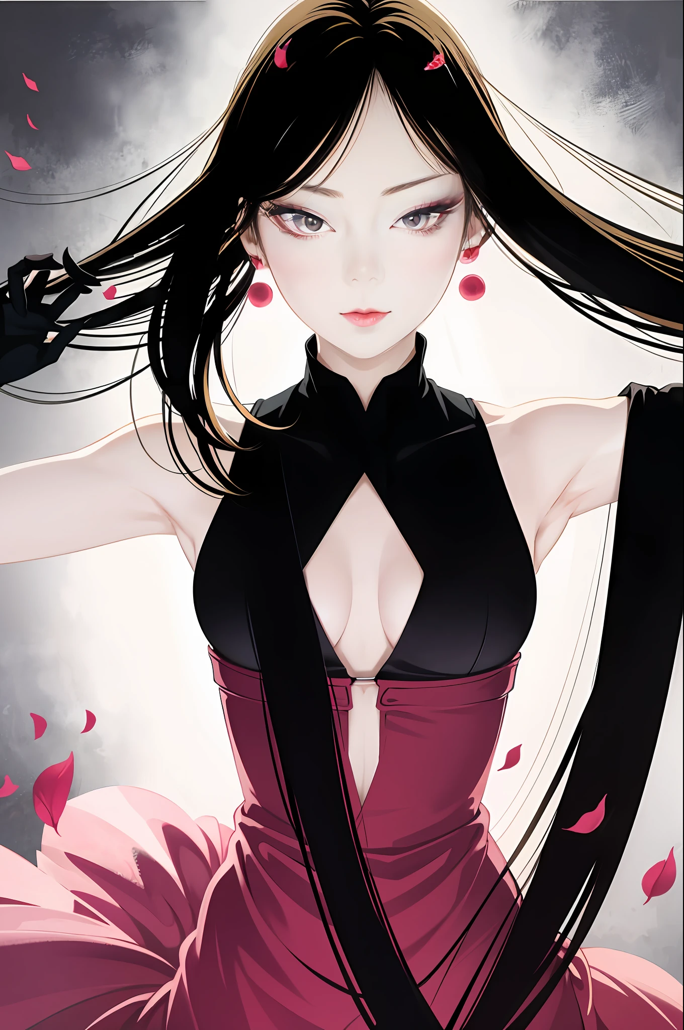 tsuruta ichiro, Narrow-eyed, 1girl in, Allback、deadpan、short-hair、shorth hair、brow、Reluctance、A dark-haired、Tucked Hair Solo, Cowgirl, Onepiece, ((mideum breasts)), Thin slit eyes、Black eyes, Light shines on the eyes、Black hair, gloves, Dress, Luxurious Jewelry, earrings, sharp eye、 elbow groves,Raise your hands and tie your hair back, random color, random color dress, Makeup for long eyes, Slender eyes、lip stick, Complex petal pattern, Rim Light, Back Light, pastel color,Studio Lighting