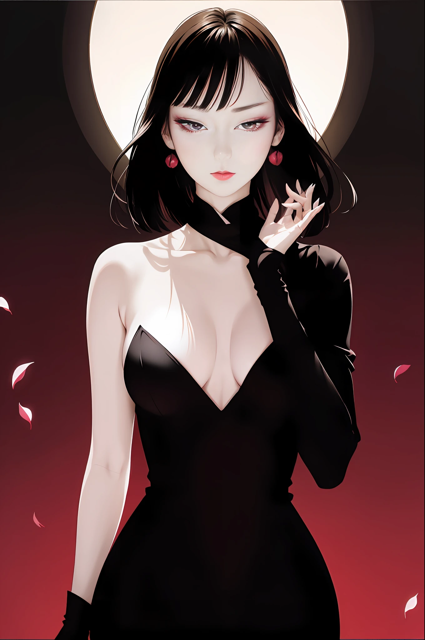 tsuruta ichiro, Narrow-eyed, 1girl in, Allback、deadpan、short-hair、shorth hair、brow、Reluctance、A dark-haired、Tucked Hair Solo, Cowgirl, Onepiece, ((mideum breasts)), Thin slit eyes、Black eyes, Light shines on the eyes、Black hair, gloves, Dress, Luxurious Jewelry, earrings, sharp eye、 elbow groves,Raise your hands and tie your hair back, random color, random color dress, Makeup for long eyes, Slender eyes、lip stick, Complex petal pattern, Rim Light, Back Light, pastel color,Studio Lighting