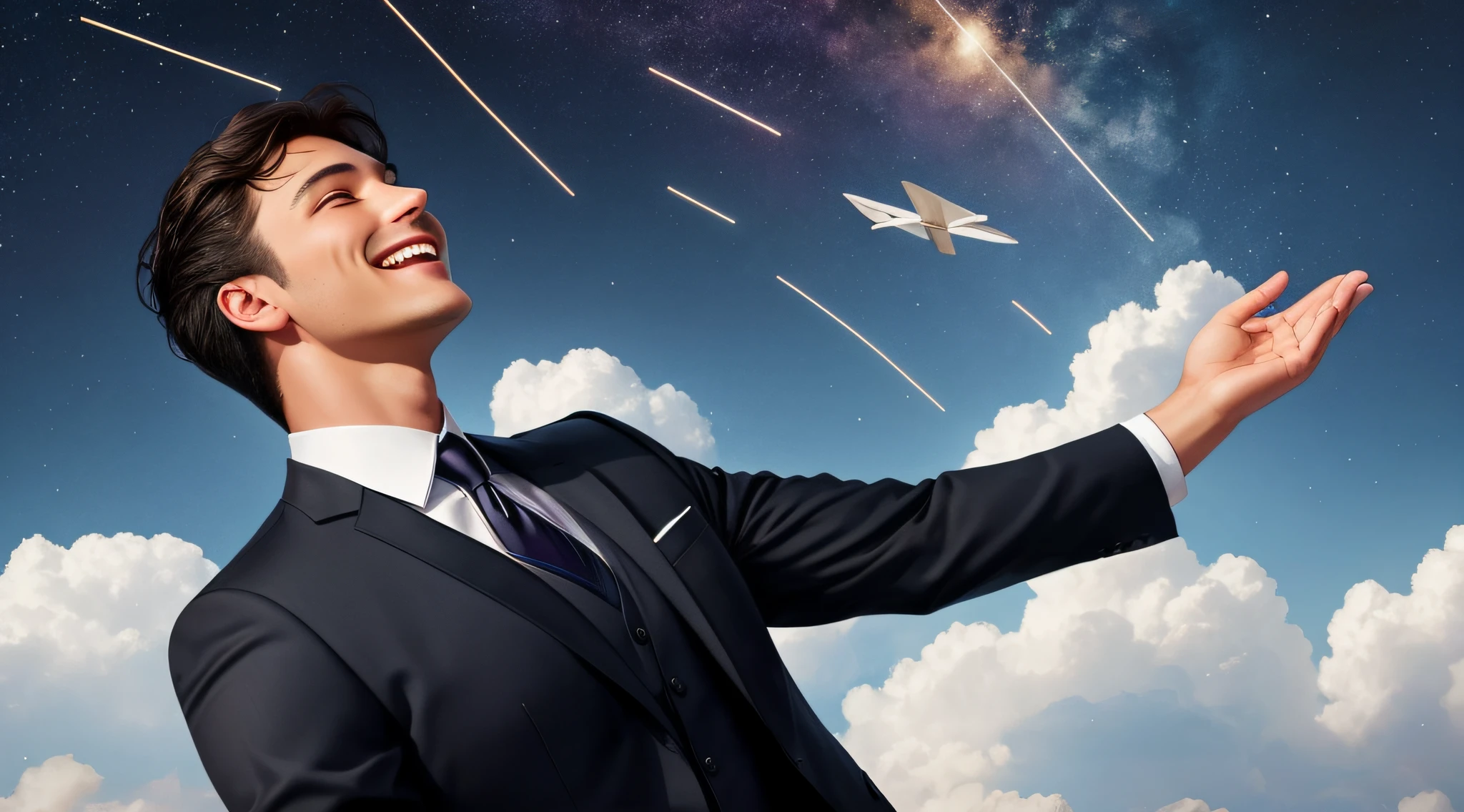a man in a suit and tie very happy, smiling, looking up, arms raised waiting for money falling from the sky, dollars raining, money, Pixabay Contest Winner, Pixabay, Direction: Whitney Sherman, awarded, rich, by a handful of dollars, Trending on Pixabay, cash, Promotional image, wealth, flaunting your wealth, picture taken