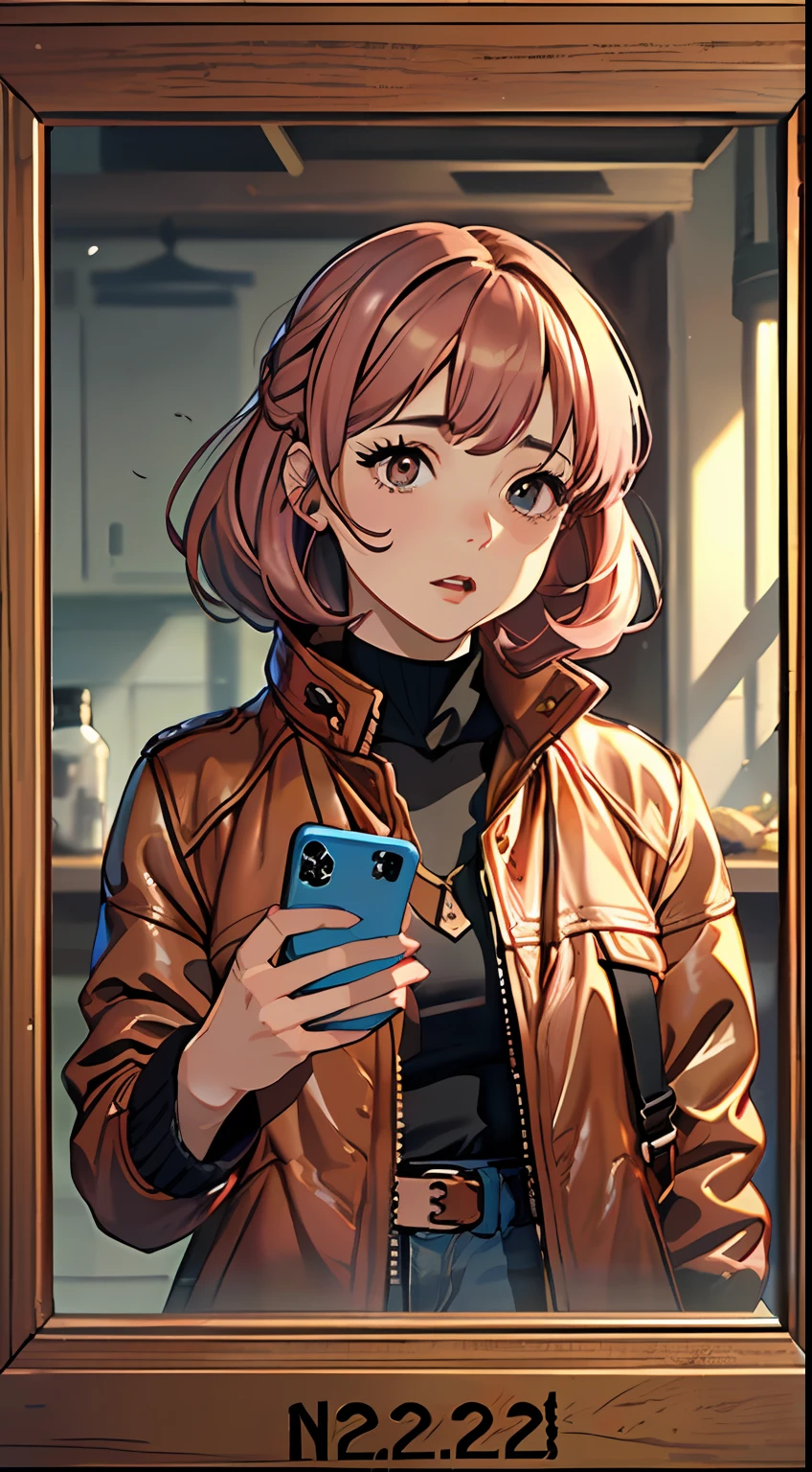 ((menina segurando celular),(cabelos marrons:1.2, jaqueta rosa:1.3))