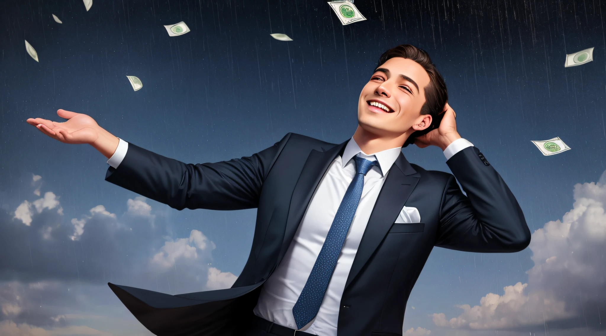 a man in a suit and tie very happy, smiling, looking up, arms raised waiting for money falling from the sky, dollars raining, money, Pixabay Contest Winner, Pixabay, Direction: Whitney Sherman, awarded, rich, by a handful of dollars, Trending on Pixabay, cash, Promotional image, wealth, flaunting your wealth, picture taken