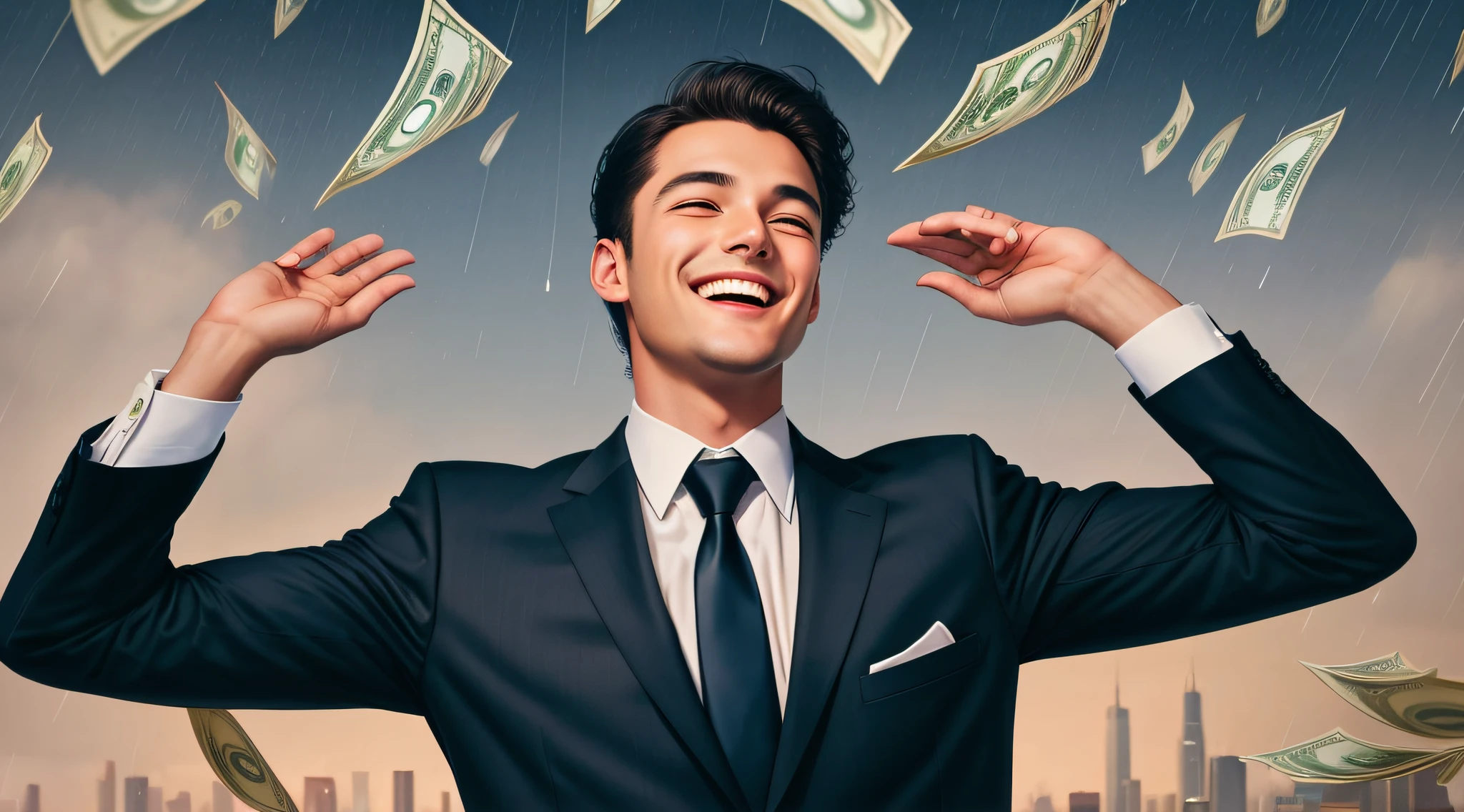 a man in a suit and tie very happy, smiling, looking up, arms raised waiting for money falling from the sky, dollars raining, money, Pixabay Contest Winner, Pixabay, Direction: Whitney Sherman, awarded, rich, by a handful of dollars, Trending on Pixabay, cash, Promotional image, wealth, flaunting your wealth, picture taken