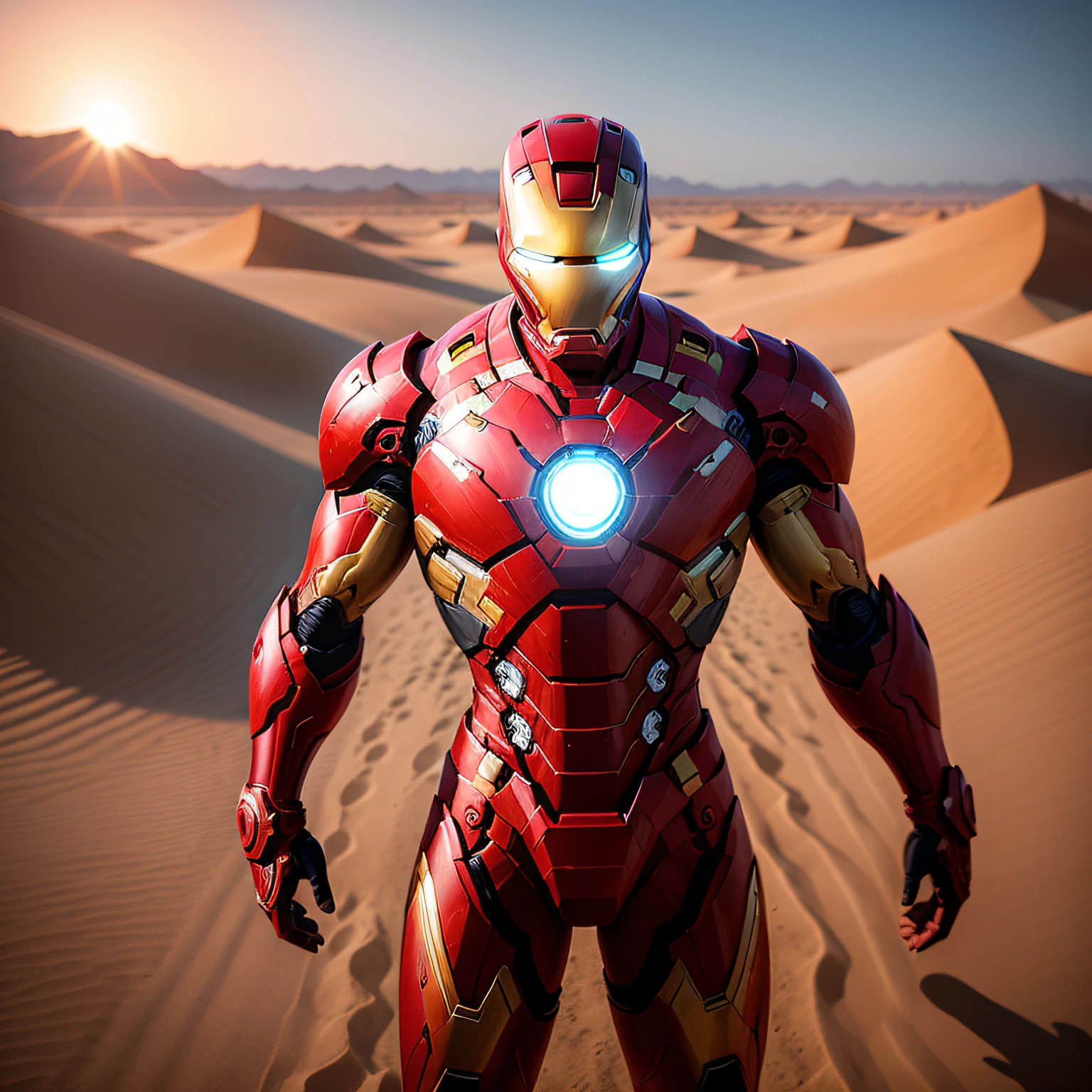 Iron Man stands majestically in his advanced suit, glistening with the fiery hues of the desert sun. The highly detailed RAW color photo showcases the intricate design of his armor, with every metal plate and technological component rendered with precision. The suit's vibrant red and gold colors shine brightly against the sandy backdrop, signifying his powerful presence in this harsh environment.
The scene is outdoors, amid the vast dunes of the Sahara desert. The fine grains of sand create patterns and ripples, adding depth and texture to the shot. The intense sunlight casts dramatic shadows, emphasizing Iron Man's imposing silhouette.
To add a touch of sci-fi wonder, include a hint of futuristic technology in the background. Perhaps there's an unidentifiable alien artifact half-buried in the sand or an ancient structure that sparks curiosity.
The setting is at high noon, with the desert sun at its zenith. Utilize cinematic lighting techniques to capture the interplay of light and shadow on Iron Man's armor, enhancing the overall visual impact.
The photo must evoke the feeling of solitude and adventure as Iron Man becomes Sahara's sentinel. The viewer should sense the hero's determination and readiness to face any challenge that comes his way.
As you create this striking image, remember to maintain the essence of Iron Man's character. His iconic stance, with repulsor beams at the ready and a sense of noble purpose, should shine through.
Through your lens, immortalize this moment as Iron Man stands in the Sahara desert, an emblem of strength and resilience against all odds."