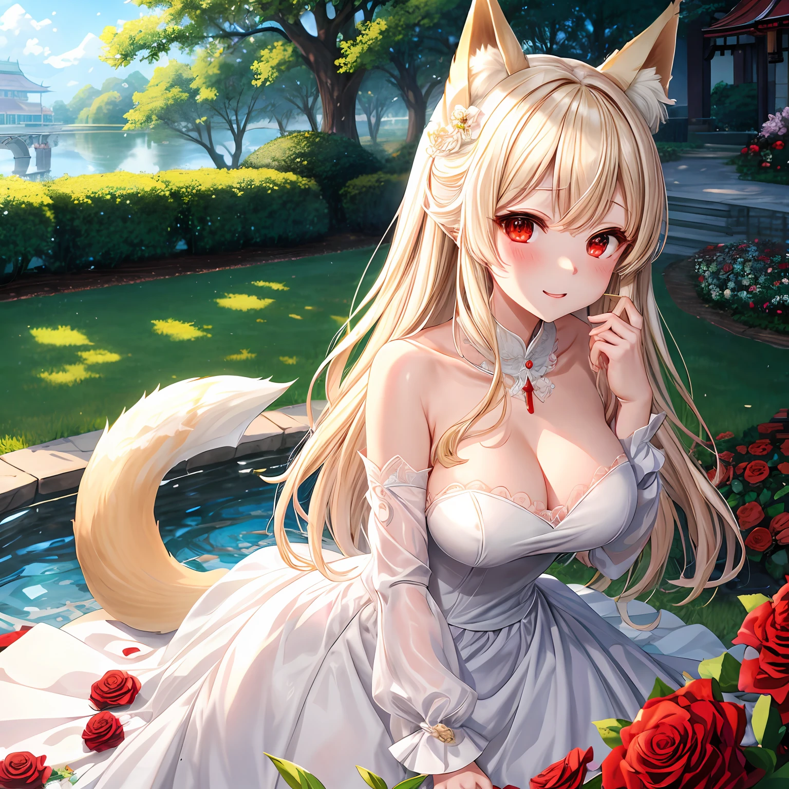 a blond、red eyes、One pretty girl、独奏、animesque、weddingdress、White Rose Garden、Fox ears、Fox tail、bouquet