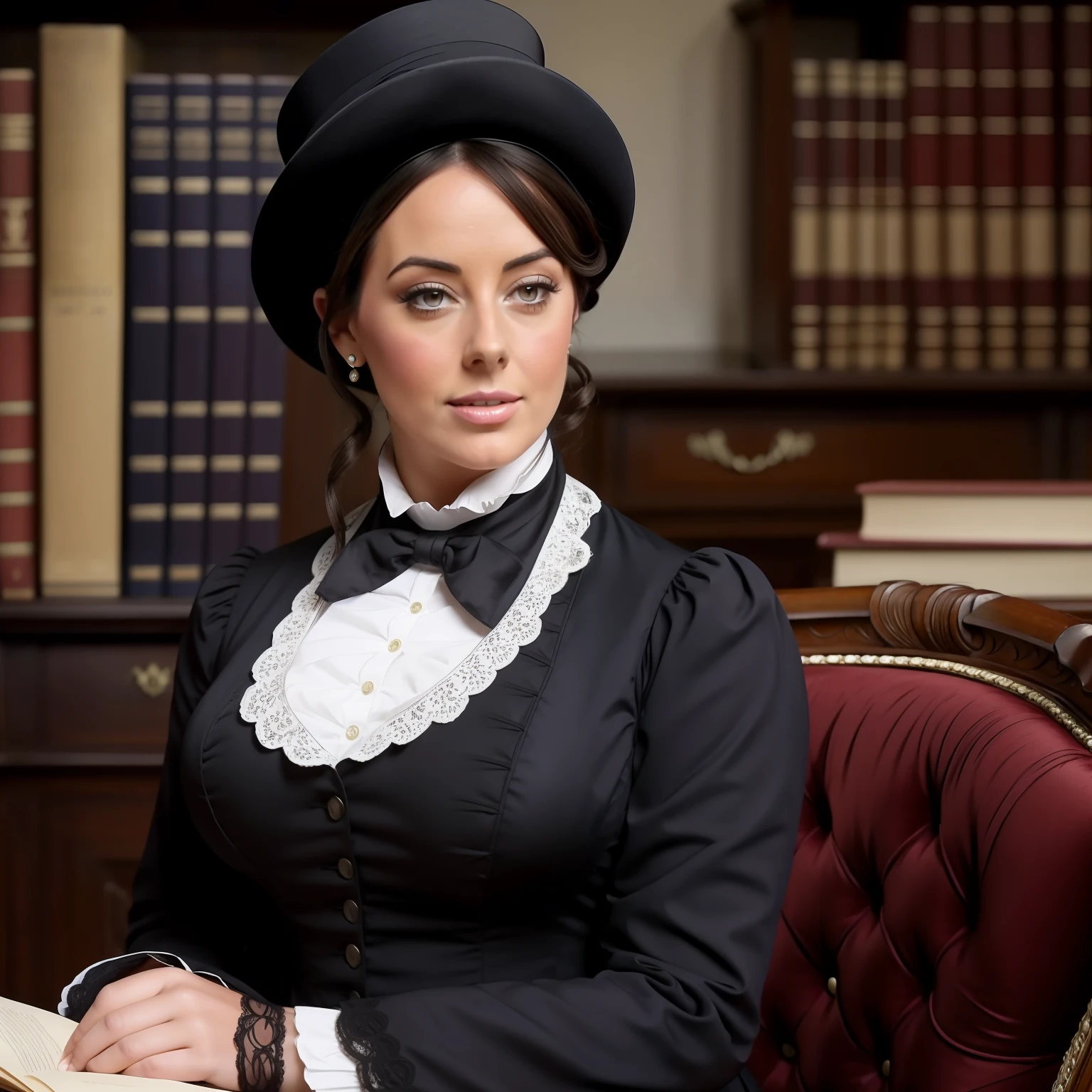 Lindsey Strutt dressed as headmistress in English school 19th century victorian