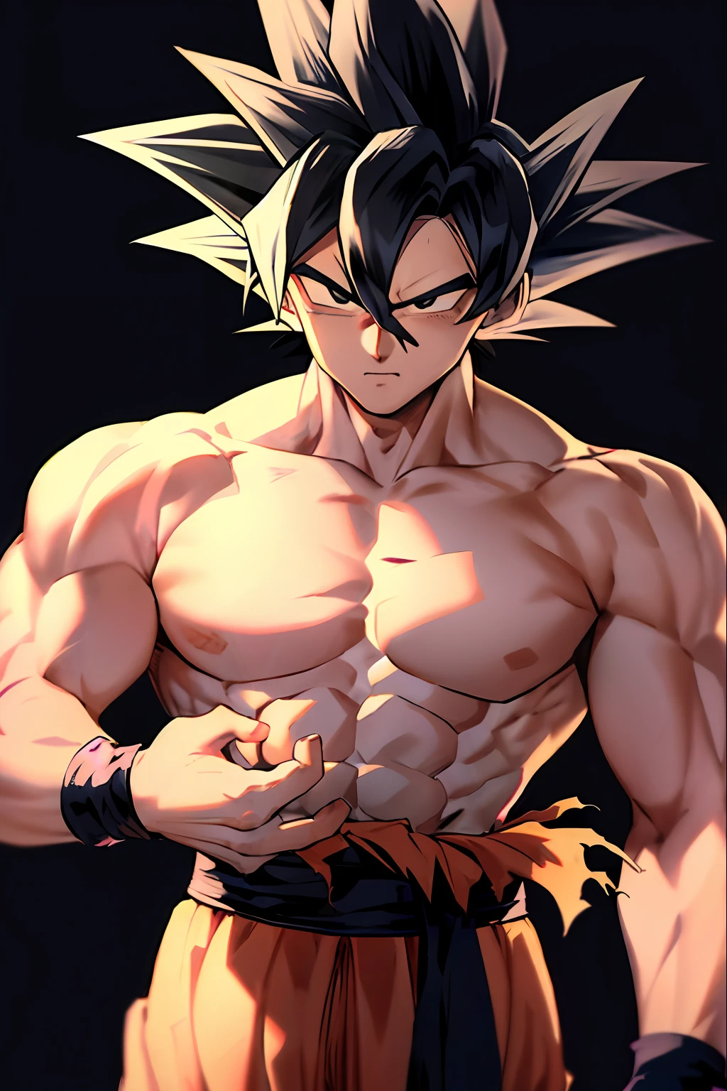 son goku, 1boy, closed mouth, male focus, muscular, muscular male, rock, sash, serious, solo, spiked hair, topless male, torn clothes, ultra instinct, black eyes, black hair, ((masterpiece))