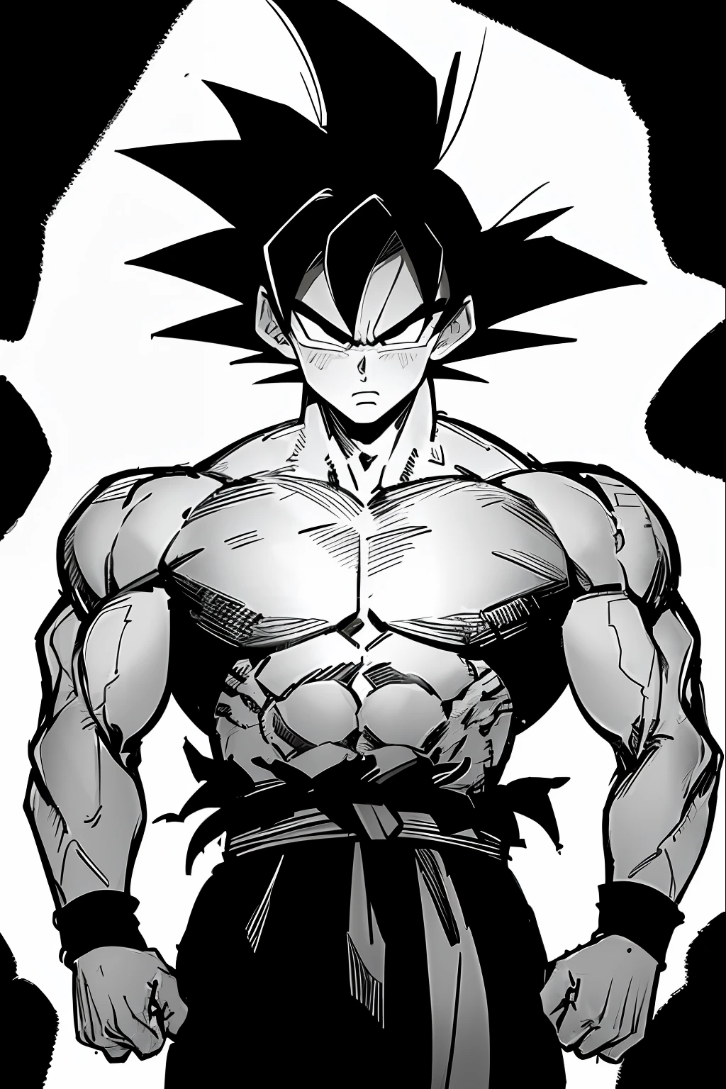 son goku, 1boy, closed mouth, male focus, muscular, muscular male, rock, sash, serious, solo, spiked hair, topless male, torn clothes, ultra instinct, black eyes, black hair, ((masterpiece))