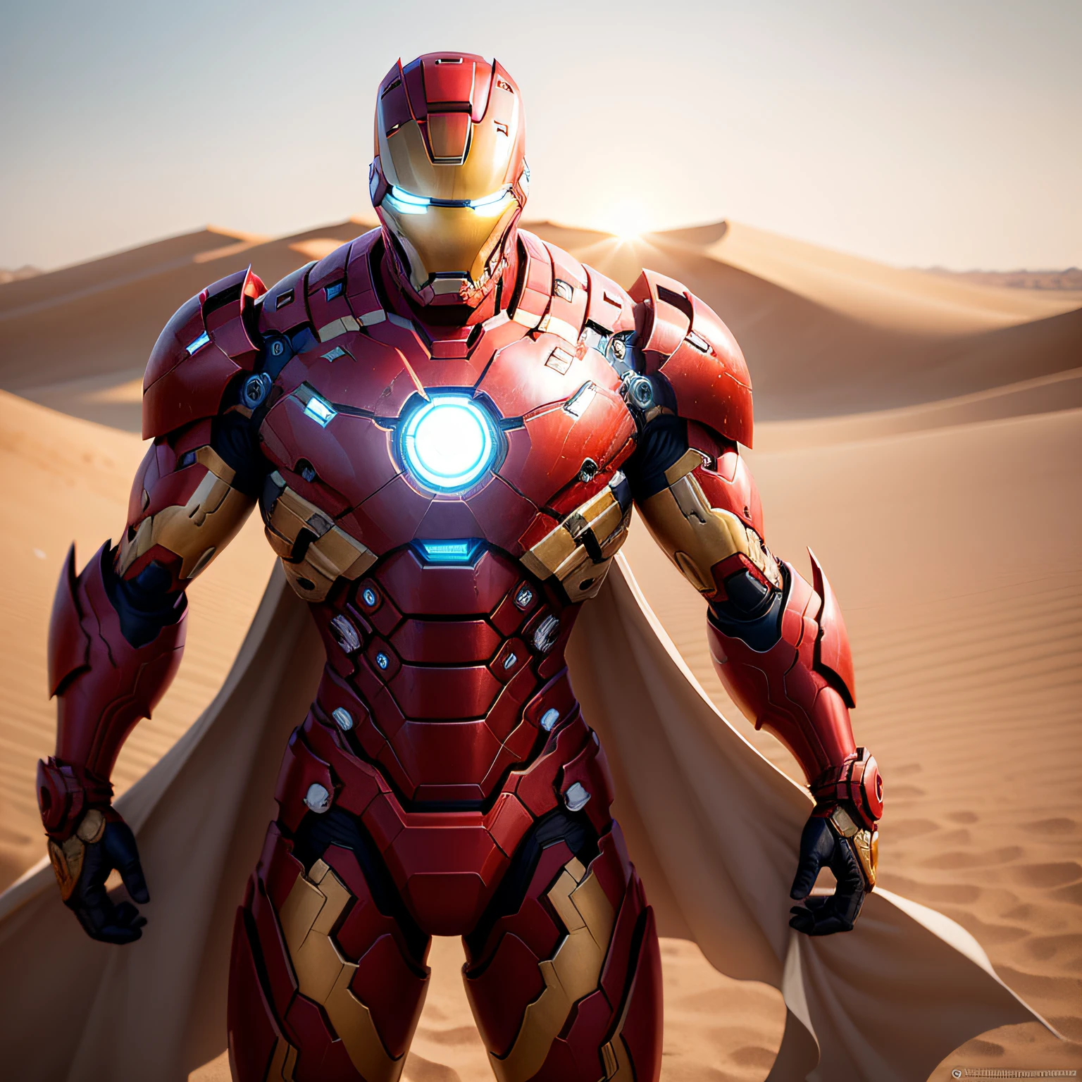 Iron Man stands majestically in his advanced suit, glistening with the fiery hues of the desert sun. The highly detailed RAW color photo showcases the intricate design of his armor, with every metal plate and technological component rendered with precision. The suit's vibrant red and gold colors shine brightly against the sandy backdrop, signifying his powerful presence in this harsh environment.
The scene is outdoors, amid the vast dunes of the Sahara desert. The fine grains of sand create patterns and ripples, adding depth and texture to the shot. The intense sunlight casts dramatic shadows, emphasizing Iron Man's imposing silhouette.
To add a touch of sci-fi wonder, include a hint of futuristic technology in the background. Perhaps there's an unidentifiable alien artifact half-buried in the sand or an ancient structure that sparks curiosity.
The setting is at high noon, with the desert sun at its zenith. Utilize cinematic lighting techniques to capture the interplay of light and shadow on Iron Man's armor, enhancing the overall visual impact.
The photo must evoke the feeling of solitude and adventure as Iron Man becomes Sahara's sentinel. The viewer should sense the hero's determination and readiness to face any challenge that comes his way.
As you create this striking image, remember to maintain the essence of Iron Man's character. His iconic stance, with repulsor beams at the ready and a sense of noble purpose, should shine through.
Through your lens, immortalize this moment as Iron Man stands in the Sahara desert, an emblem of strength and resilience against all odds."