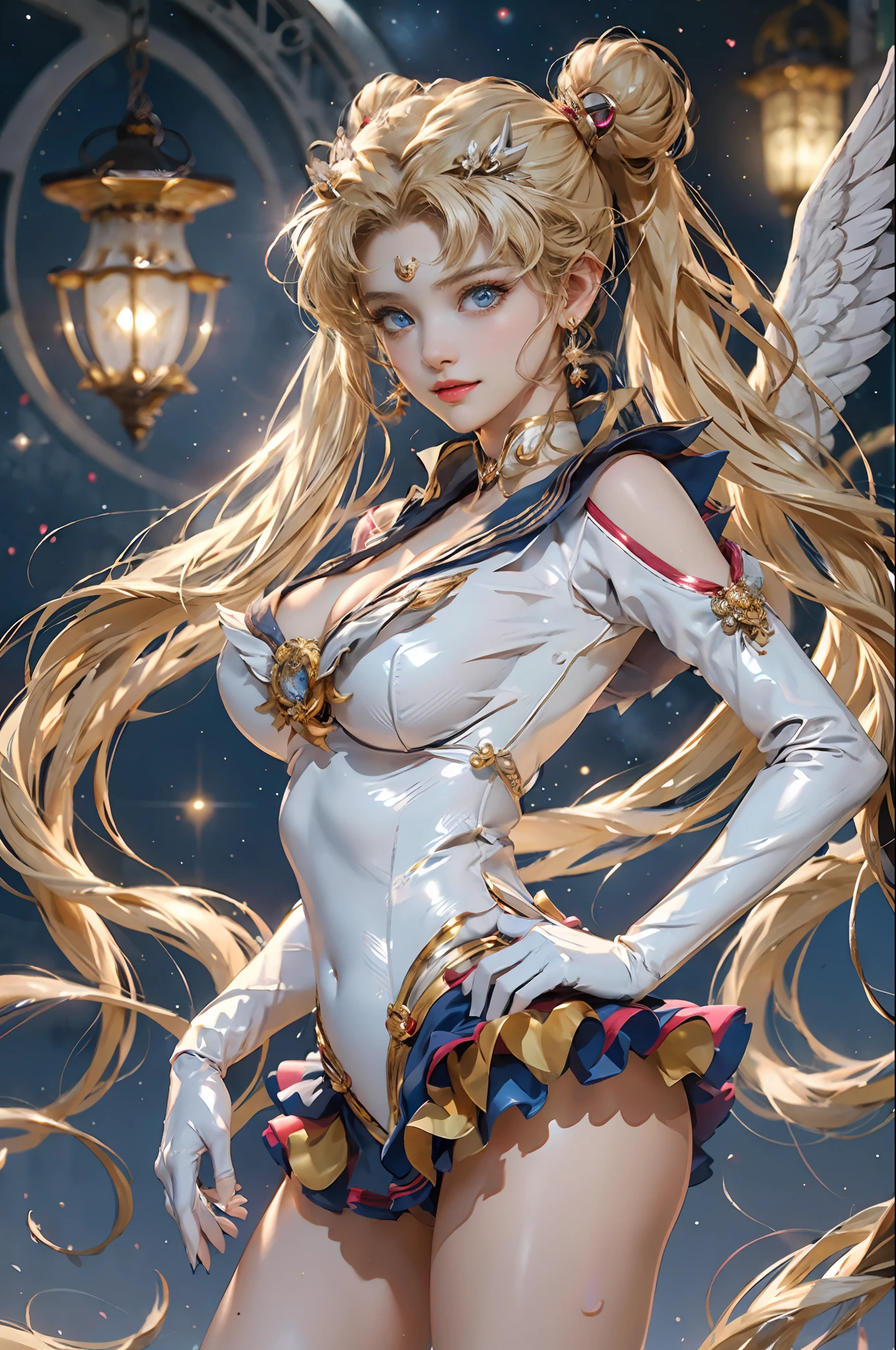 Masterpiece, Full: 1.3, Stand, 8K, 3D, Realistic, Ultra Micro Shooting, Top Quality, Extreme Detail CG Unity 8K Wallpaper, from below, intricate details, (1 female), 18 years old, (Sailor Moon supersailormoon mer1, Tiara, Sailor Senshi Uniform Sailor: 1.2, Sailor Moon: 1.2), incredibly long bright twin-tailed blonde, thin and very long straight twin-tailed blonde, hair bun, hair bun red big round hair ornament, Sailor Senshi uniform, (blue collar, blue pre-gate miniskirt: 1.3, very large red bow in cleavage: 1.3, red gloves on the elbows, long white latex gloves: 1.3, , very large red bow behind the waist: 1.1, Cleavage looks big, blue sailor color, golden tiara, earrings), (seductive smile, very pretty face, face details: 1.5, bright blue eyes, beautiful face, beautiful eyes, shiny eyes, thin lips: 1.5, thin and sharp pale eyebrows, long dark eyelashes, double eyelashes), luxurious golden jewels, (extremely huge white wings), thin, thin and muscular, small face, large breasts, Perfect proportions, thin waist, sexy model pose, visible pores, seductive smile, perfect hands: 1.5, high-leg swimsuit, very thin and fitting high gloss white holographic leather, octane rendering, very dramatic image, Strong natural light, sunlight, exquisite lighting and shadows, dynamic angle, DSLR, sharp focus: 1.0, Maximum clarity and sharpness, (space background, moonlight, moon, dynamic background, detailed background)