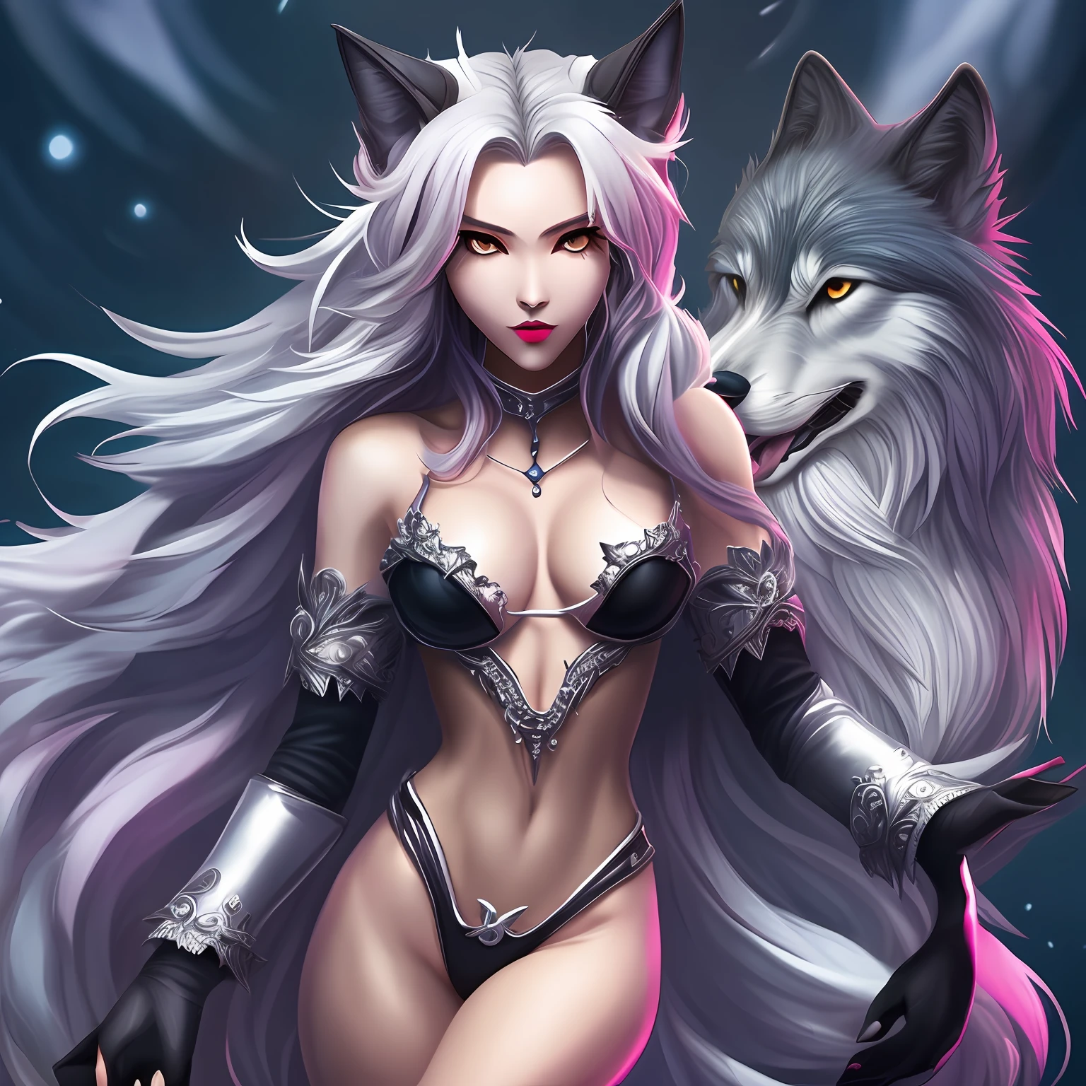 female body wolf, purple fur, long silver claws, arms outstretched, howl humain face, black skin, pink eyes, pink lips, prominent silver canine --auto --s2