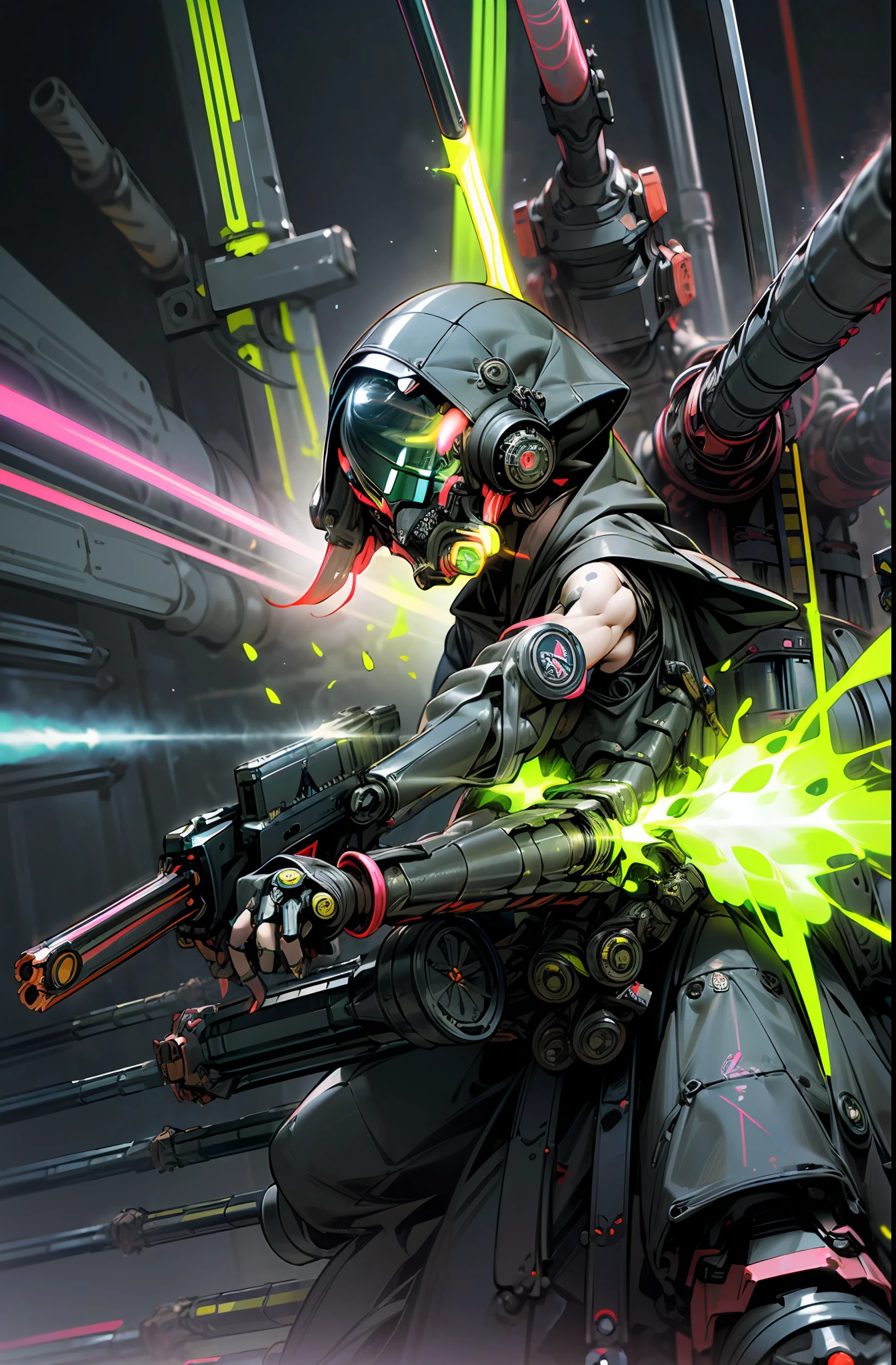 full Helmet、(gas masks:1.3)、(Explosive effect:1.5)、(Neon Paint:1.5)、(Arm fused with Gatling gun:1.6)、(1 Gatling gun:1.4)、(exercise)、(Wearing a hood:1.2)、colourfull、cyberpunked、(独奏)、Droid、cyborgs、(Digital Noise:1.5)、(5-Fingers:1.6)、(Straight gun:1.5)