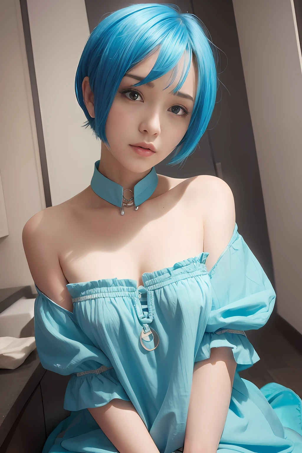 A beauty with short hair,Looks like Rem,blue short hair