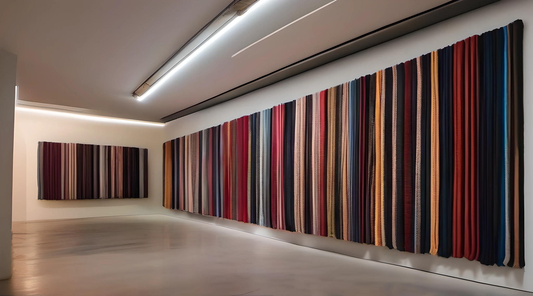 A frontal view, a night scene a exuberant large vertical cloths thick crochet ropes woven with huge knots fabrics rug art merino wool, colors cotton tube or chenille, installation in the clean wall on the minimal art gallery