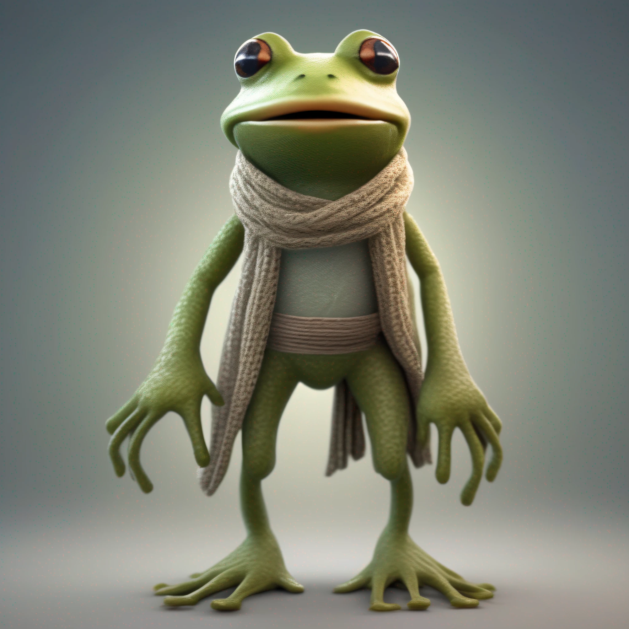 mid-range video game character concept [frog], smiling smooth mesh face with eyebrows, detailed texture, dynamic pose, all made of wool yarn mesh, fog, intricately detailed, meticulous, magnificent, maximum details, extremely hyper aesthetic, correct shadows, hdr, (dim pale light:1.2), vignette, HDR, twilight atmosphere, Unreal Engine 5, Little Big Planet style,  Octane Render, digital art,