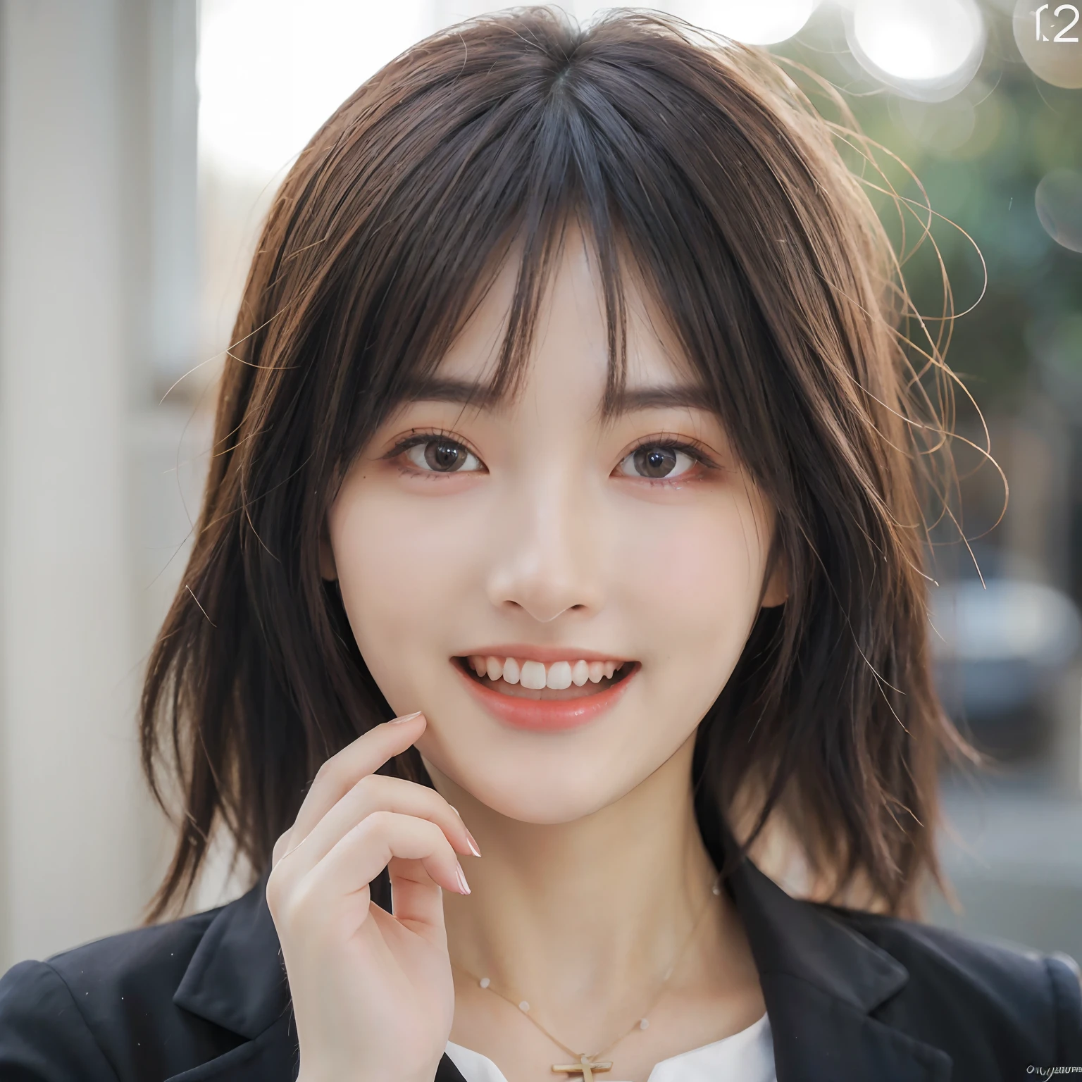 Dressed, (photographrealistic:1.4), (Hyper realistic:1.4), (Realistic:1.3), (Smoother lighting:1.05), (increase cinematic lighting quality:0.9), 32K, 1girl in,25-years old, Realistic lighting, Backlighting, Light on Face, raytrace, (Brightening light:1.2), (Increase quality:1.4), (Top quality real texture skins:1.4), finely detailed eyes, finerly detailed face, (tired and sleepy and joy:0), (Laugh:1.4), Black Suit,a necklace, (Increase body line mood:1.1), (Increase the beauty of skin texture:1.1)