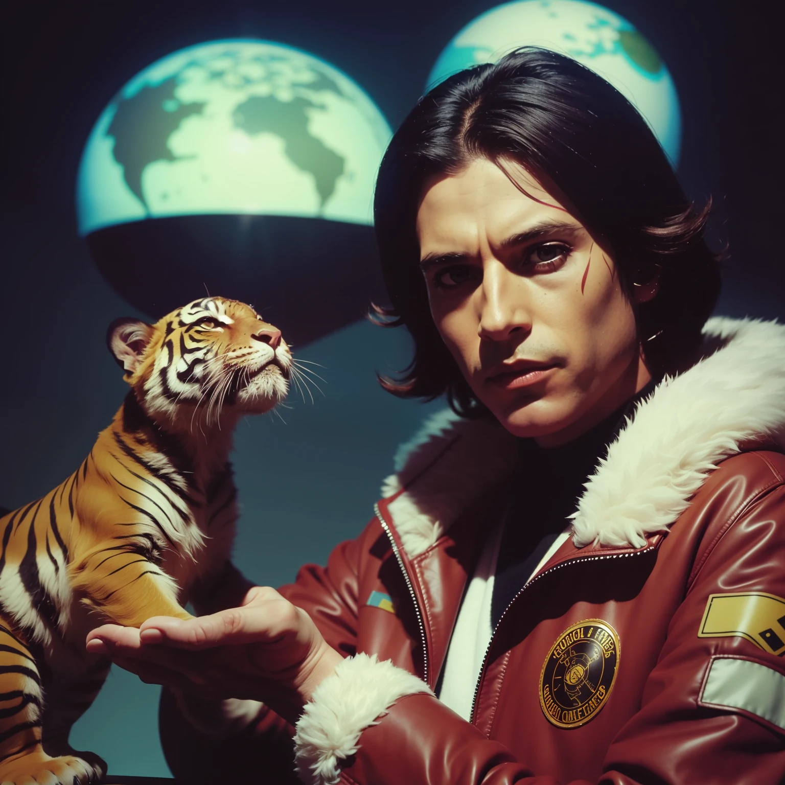 4k image from a 1970s science fiction film, imagem real por Wes Anderson, pastels colors, Man with tiger face painted and his mechanical pet are wearing retro-futuristic fashion clothes from the 70s and 60s with alien ornaments, Luz Natural, cinemactic, Psicodelia, futurista estranho, retro-futurista, photo-realistic, Sharp background details.