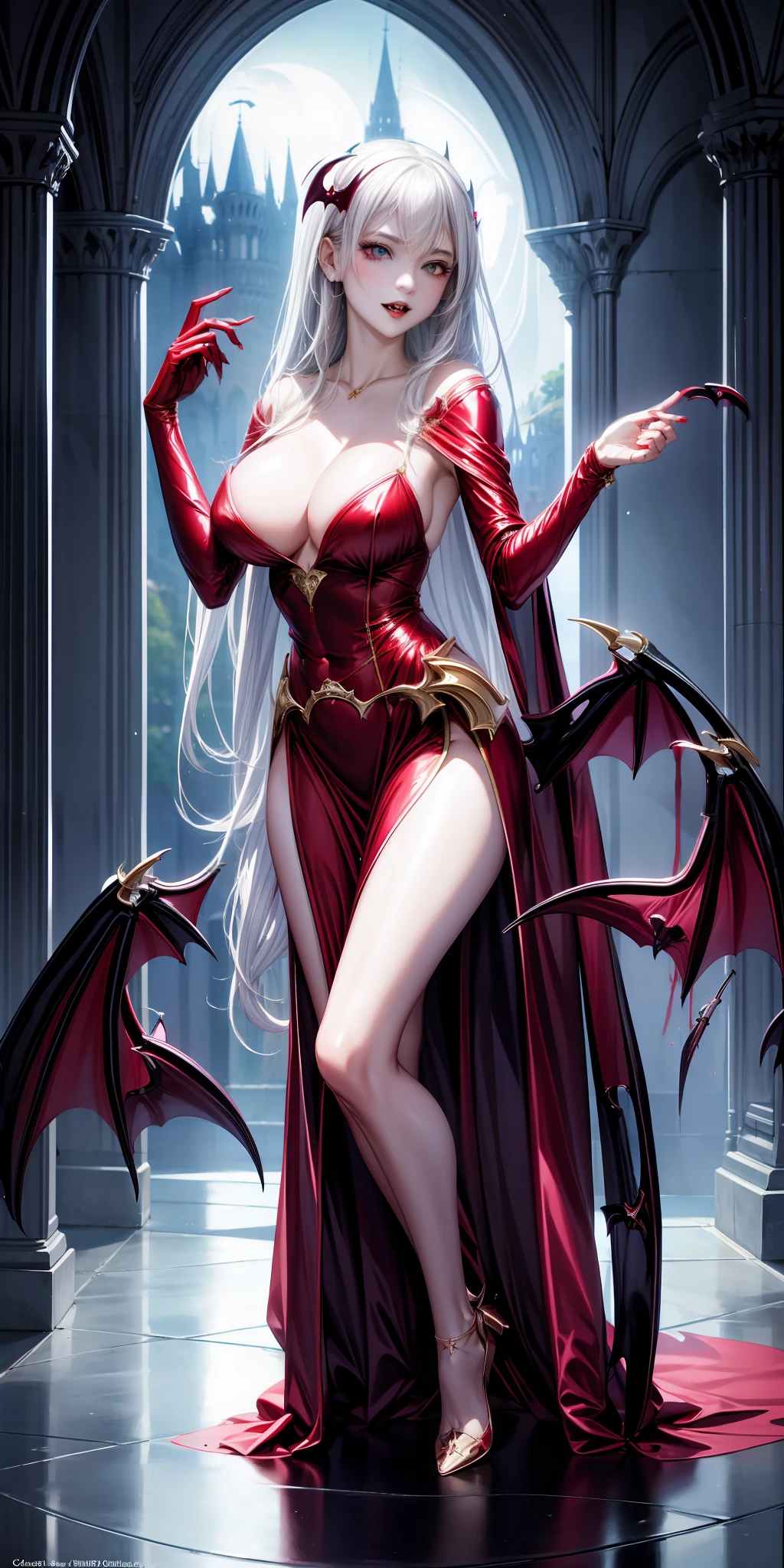 Realstic, 1fille, (vampire girl:1.4), cheveux blancs, (yeux rouges), yeux brillants, pupilles fendues, (sang, splashing blood),elegant dress, décolleté, clavicule, half-open lips, crocs, maquillage, rougir , nuit, reflection, pleine lune, clair de lune, rose, castle, ombre, darkness,