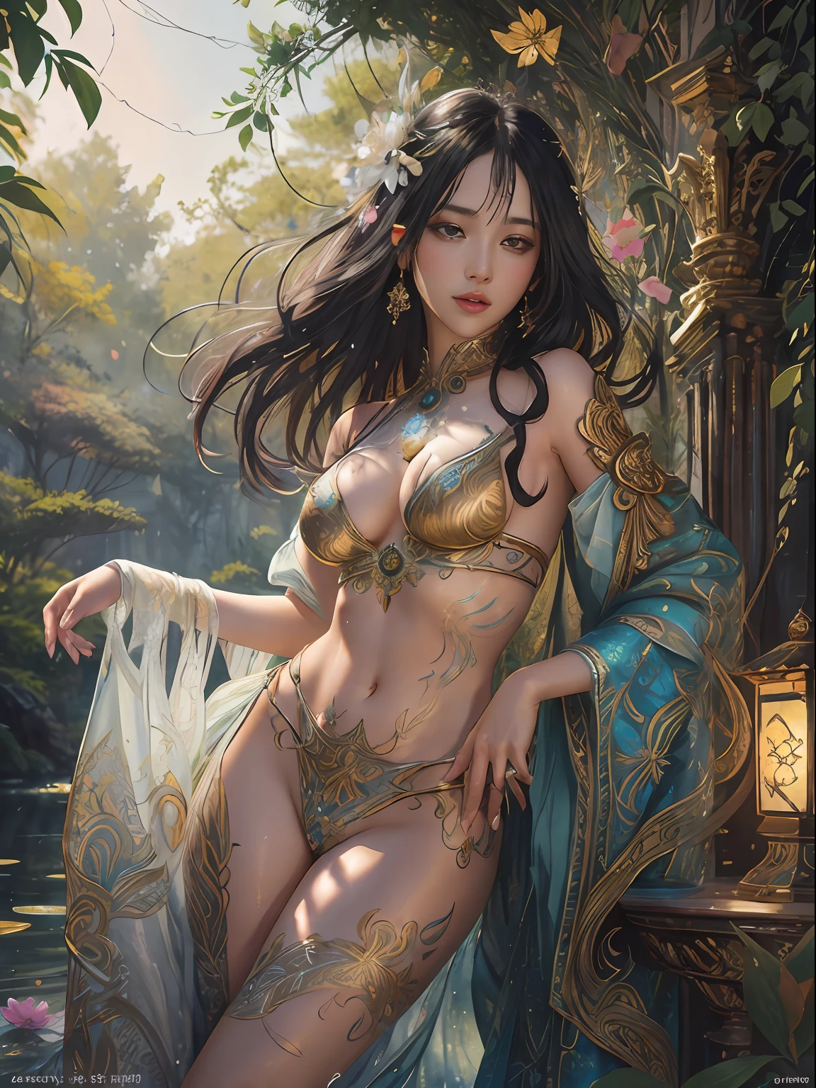 Create a beautiful tree, tree woman With the torso with a feminine silhouette. a perfect female body With green leaves. digital drawing, perfect face, glowing skin, 8k concept art portrait, dynamic, detailed lighting, fractal complex background, alcohol ink drawing. black background with paint splatters, by Hirohiko Araki, Official Art, Unity 8K Wallpaper, Masterpiece, Best Quality, (Zenredar, mandala, tangle, tangle), 1 beautiful platinum and black and gold Caucasian hair girl, Angle dynamic, The Most Beautiful Form of Chaos, elegant, bright colors, romanticism, By James Jean, Takato Yamamoto, Ashley Wood, ecstasy of music notes, transmission of visible music notes, Style Wtrcolor, blown by the wind, Masterpiece, ((watercolor )), paint splatters, intricate details. [drip: 0.7], Trending on Artstation, Rachel Walker, Style-Painting-1900, A beautiful nude woman completely covered in paint floating in a pool, beautiful lighting, beautiful large detailed eyes, Nirvana, relaxed, paint drips, Spirals of Paint, Paint Splatter, (Beautiful Swirls of Paint Swirls), by By Sandra Chevrier, vivid contrasting colors, chromatic aberration, black background, Best Quality, (realistic: 1.2), (high contrast: 1.2), black hair and gold and silver and bronze decoration, goddess of the forest, beautiful caucasian girl close-up, beautiful goddess fused with forest and trees, black hair fused with platinum and gold, girl naked skin wet with water, beautiful visible pubic area, pink pesons, Exposed small breasts, garden pond, mandala and flower tattoos on the naked body, floating antique clock, lamp, lantern, garden pond, visible beautiful pubic area, pink nipples, small breasts in the view, full body, Sakimichan art, oriental mandala tattoo, fractal background, silver and gold and bronze spirit, floating ancient clock, ancient lamp, faint smile, view from below, towering goddess, nude female body fused into forest vines and leaves of trees, roman column, ancient temple with garden and pond