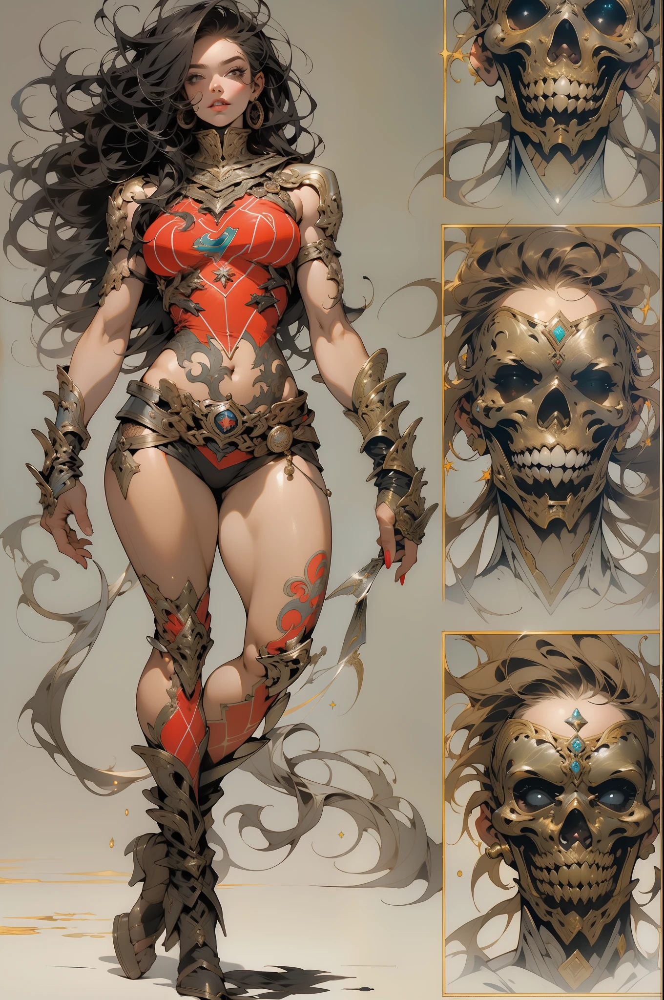 (((mulher))), (((melhor qualidade))), (((obra prima))), (((adulta))), (((corpo inteiro))), Uma guerreira mulher de corpo inteiro de 35 anos musculosa corpo perfeito, quase nua no estilo selvagem urbano de Simon Bisley para a capa da revista Heavy Metal, cabelo loiro, Minimum clothing, armadura (vermelho escuro com estrelas brancas), cheio de pontas e rebites manchadas de tinta, tatuagem de estrelas de 5 pontas, (((corpo inteiro))), cabelo preto curto com franja branca cobrindo a testa