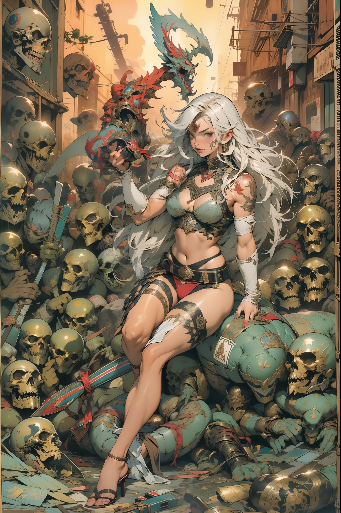 (((mulher))), (((melhor qualidade))), (((obra prima))), (((adulta))), (((corpo inteiro))), Uma guerreira mulher de corpo inteiro de 35 anos musculosa corpo perfeito, quase nua no estilo selvagem urbano de Simon Bisley para a capa da revista Heavy Metal, cabelo loiro, Minimum clothing, armadura (vermelho escuro com estrelas brancas), cheio de pontas e rebites manchadas de tinta, tatuagem de estrelas de 5 pontas, (((corpo inteiro))), cabelo preto curto com franja branca cobrindo a testa