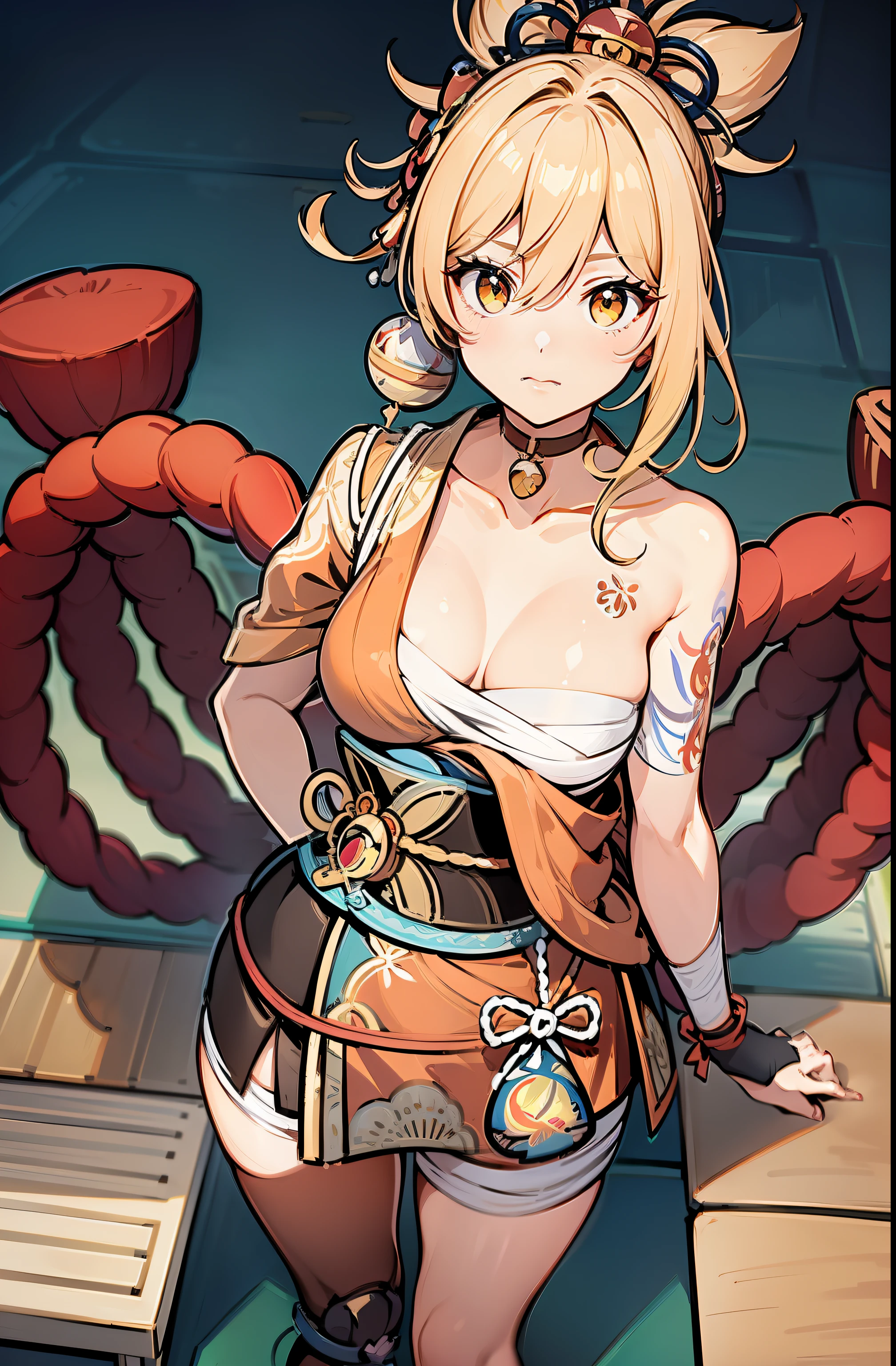 (Masterpiece), Best quality, yeux expressifs, visage parfait,Session W, w assis par terre, bras entre les jambes, les deux bras entre les jambes, anime character,Impact de Genshin,femme,,grosse poitrine, bonne poitrine,mains entre les jambes, H-cup, yoimiya_genshin
