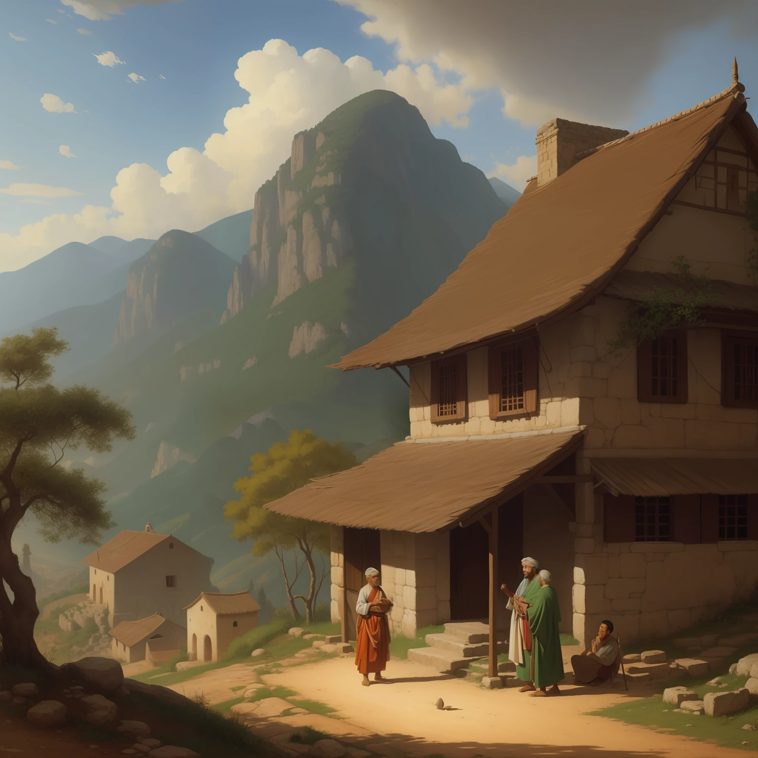"A wise sage and his disciple in a village at the foot of a mountain, pintura tradicional, impressionista, Landscape, ambiente tranquilo, Cores quentes, soft lighting"