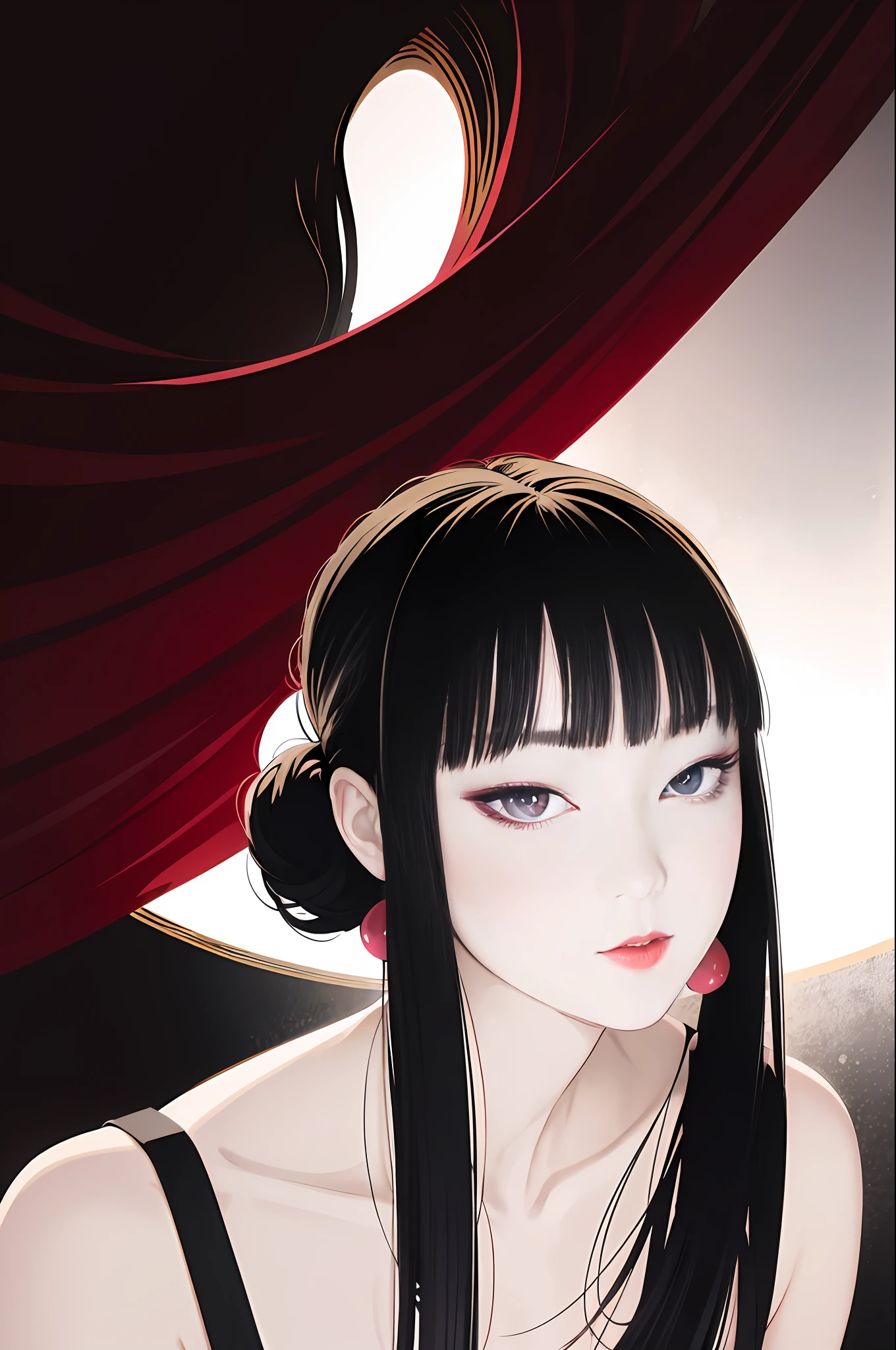tsuruta ichiro, Narrow-eyed, 1girl in, Allback、deadpan、short-hair、shorth hair、brow、Reluctance、A dark-haired、Tucked Hair Solo, Cowgirl, Onepiece, ((mideum breasts)), Thin slit eyes、Black eyes, Light shines on the eyes、Black hair, gloves, Dress, Luxurious Jewelry, earrings, sharp eye、 elbow groves,Raise your hands and tie your hair back, random color, random color dress, Makeup for long eyes, Slender eyes、lip stick, Complex petal pattern, Rim Light, Back Light, pastel color,Studio Lighting