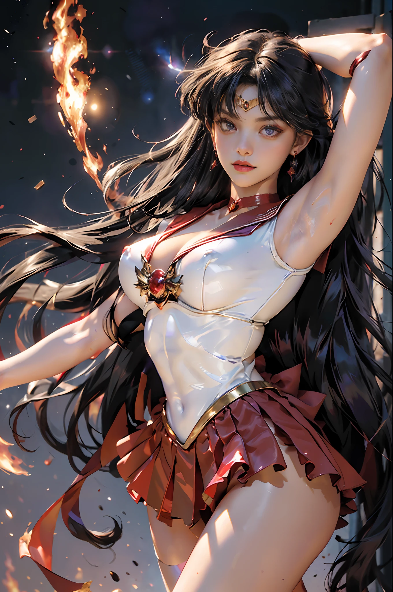 Masterpiece, Full: 1.5, Stand, 8K, 3D, Realistic, Ultra Micro Photography, Top Quality, Super Detail CG Unity 8K Wallpaper, from below, intricate details, (1 woman), 18 years old, shiny crimson red Pre-Gate Mini Skirt: 1.4,(sama1, Tiara, Sailor Senshi Uniform, White Gloves, Red Sailor Color, Red Skirt, Sailor Senshi Uniform: 1.2, Sailor Mars: 1.2, meishaonv), incredibly long straight purplish-black hair: 1.2, beautiful straight long hair shiny: 1.2, Sailor Senshi uniform, ((very large purple bow in the center of the chest: 1.4, golden tiara on the forehead: 1.5, red gloves on the elbows: 1.1, shiny crimson red with luxurious gold decorations: Enamel long knee high boots: 1.3, saturated crimson red collar, saturated crimson red sailor collar, long white latex gloves with luxurious gold embellishment: 1.3, very large red bow behind the waist: 1.1, red choker, cleavage looks sexily boldly large, red star-shaped earrings)), SMMars
Very long hair, parted bangs,(seductive smile, very pretty face, face details: 1.5, bright purple eyes, beautiful face, beautiful eyes, shiny eyes, thin lips: 1.3, thin and sharp pale eyebrows, long dark eyelashes, double eyelashes), luxurious golden jewels, huge white wings, thin and thin and muscular, muscular abs, small face, huge breasts, Perfect proportions, thin waist, sexy model pose, visible pores, perfect hands: 1.5, (very thin and fit high gloss white holographic leather), bold and sexy thin high leg swimsuit, fighting stance, octane rendering, very dramatic image, strong natural light, sunlight, exquisite lighting and shadows, dynamic angle, DSLR, Sharp Focus: 1.0, Maximum Clarity and Sharpness, (Burning Space Background, Dynamic Flames on Background, Human on Fire: 1.2, Fireball, Fire Sparks, Dynamic Fire, Burning Hair, Dynamic Frame, Mars, Moonlight, Moon, Dynamic Background, Detail Background)