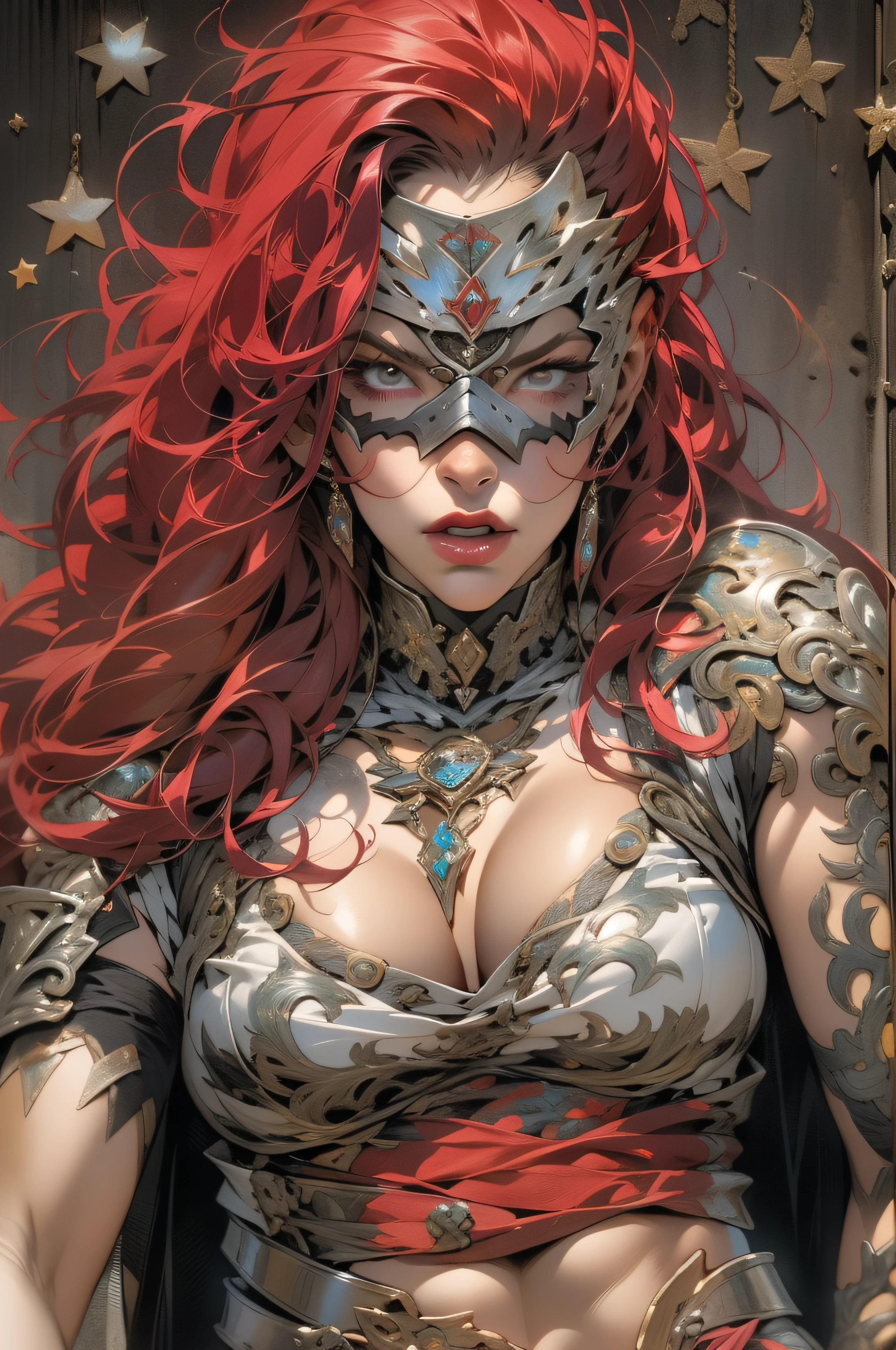 (((mulher))), (((melhor qualidade))), (((obra prima))), (((adulta))), (((corpo inteiro))), Uma guerreira mulher de corpo inteiro de 35 anos musculosa corpo perfeito, quase nua no estilo selvagem urbano de Simon Bisley para a capa da revista Heavy Metal, cabelo loiro, Minimum clothing, armadura (vermelho escuro com estrelas brancas), cheio de pontas e rebites manchadas de tinta, tatuagem de estrelas de 5 pontas, (((corpo inteiro))), cabelo preto curto com franja branca cobrindo a testa