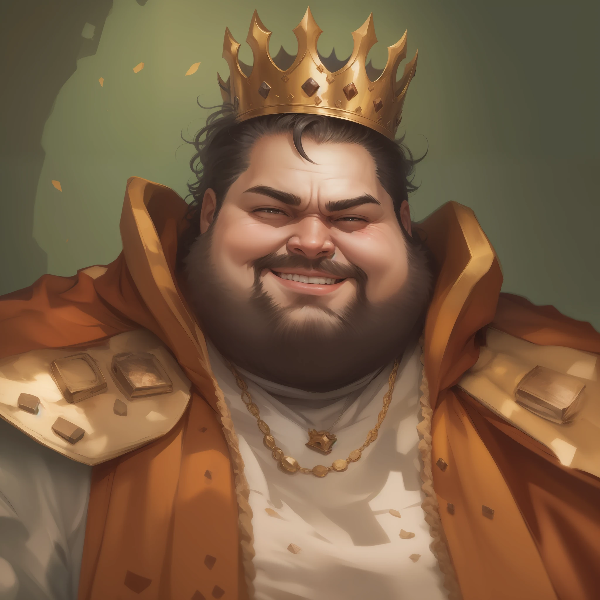 King with mangá style, fat and sérios, with a corrupted smile, Crowne with precious rocks and a expensive Cape PF king