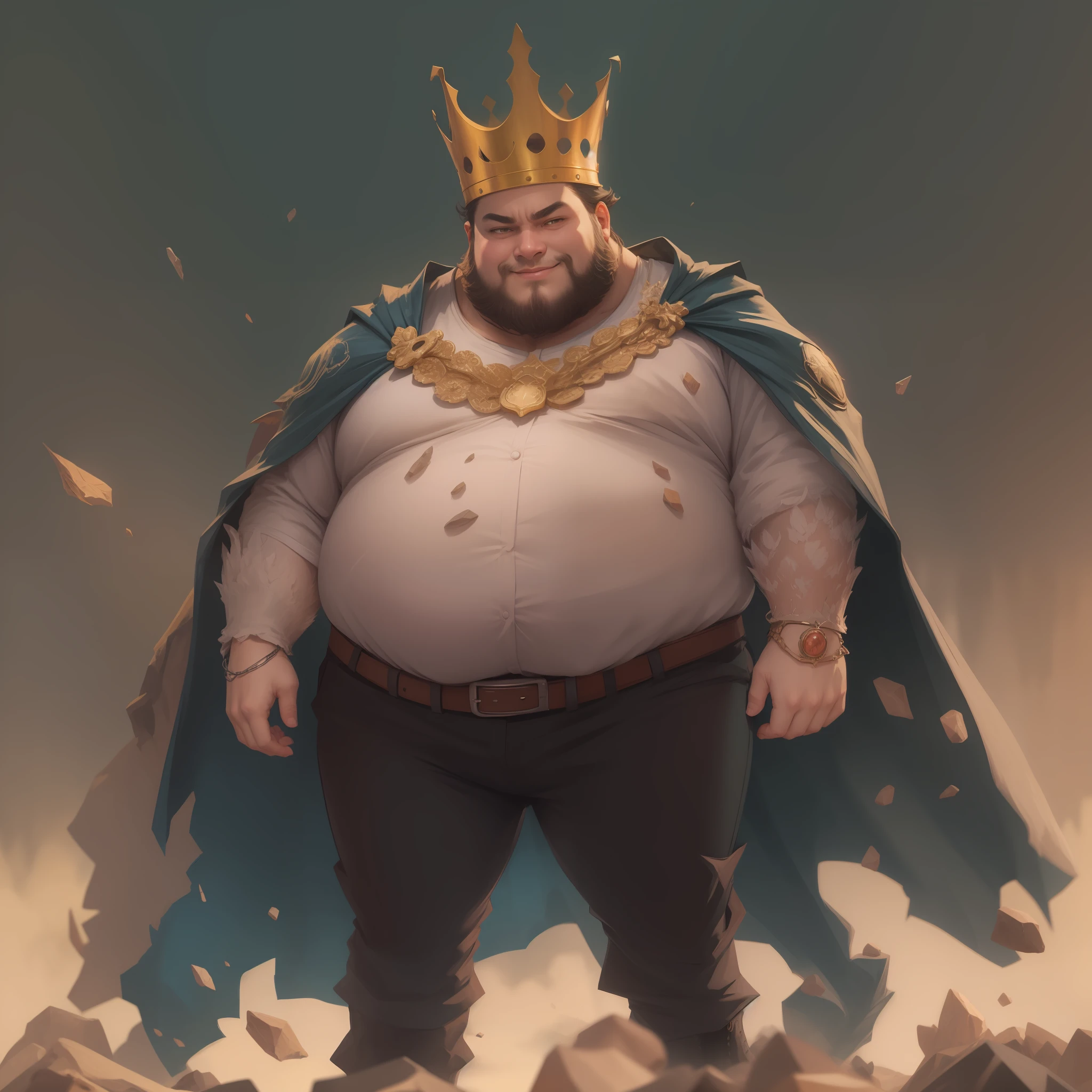 King with mangá style, fat and sérios, with a corrupted smile, Crowne with precious rocks and a expensive Cape PF king