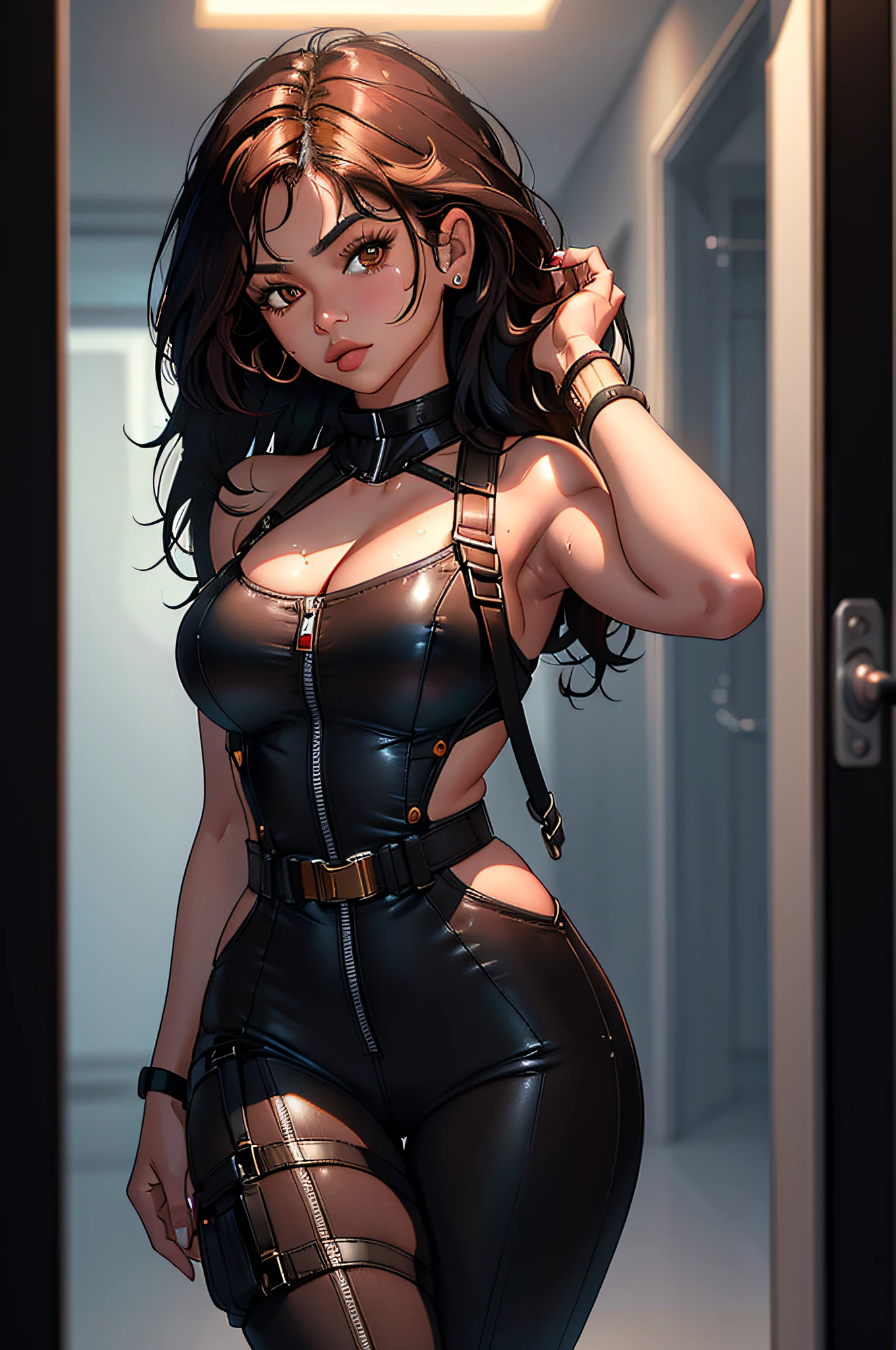 best quality, masterpiece, ultra high resolution, (photorealistic: 1.4), kylie jenner, medium breasts, big brown eyes, brown hair, (nose red), gymtastic_jumpsuit_black, (multiple straps, buckle straps: 1.125), young, posingh, long hair, looking at the viewer, professional lighting, sexy woman