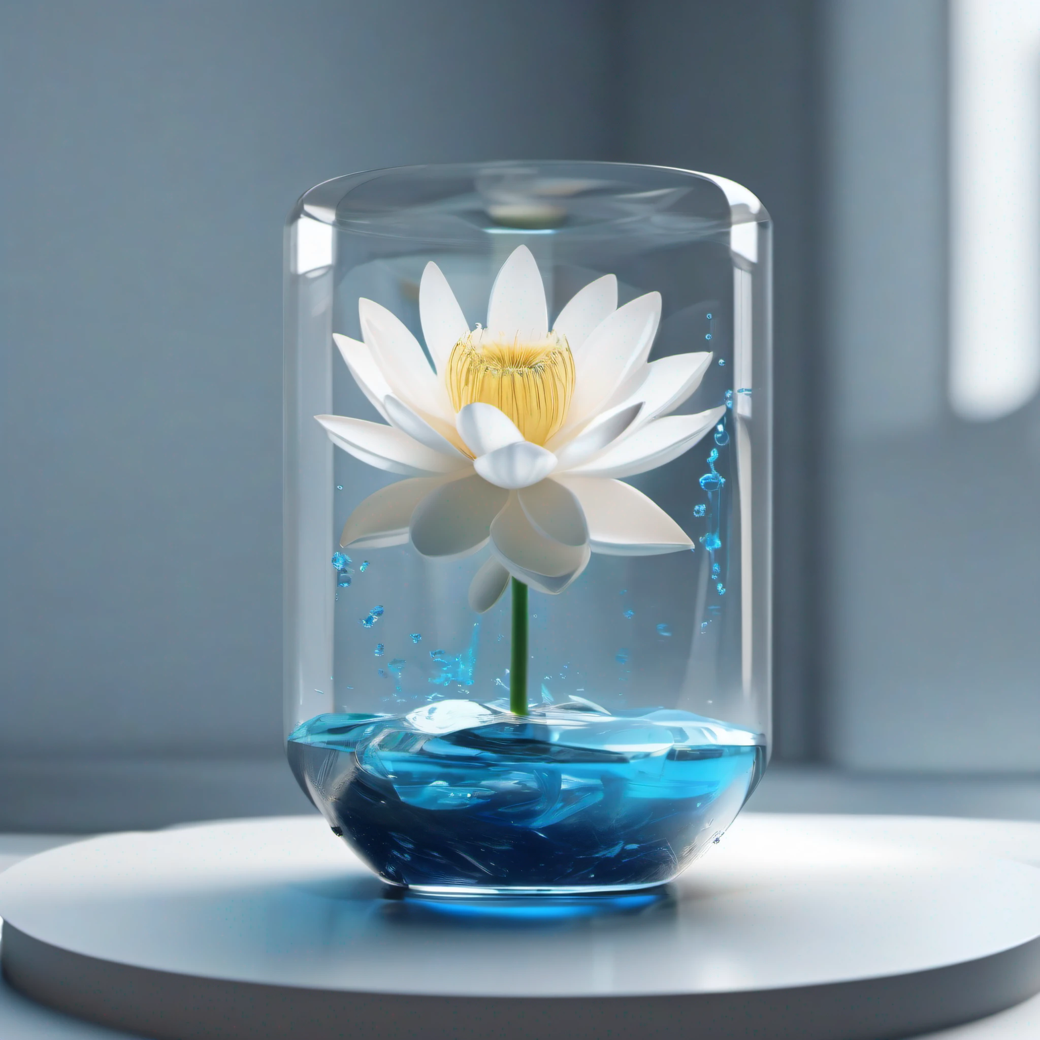 White lotus flower grown in a laboratory dripping blue-stemmed cerulean fluorescent liquid into a glass capsule FUTURISTICA, fondo blanco, Sombreado realista, Science-Fiction, FUTURISTICA, Kinematic, Motor 3D Unreal, Renderizado de octanaje, 3D realista, ultra realista, texturas 3D realistas