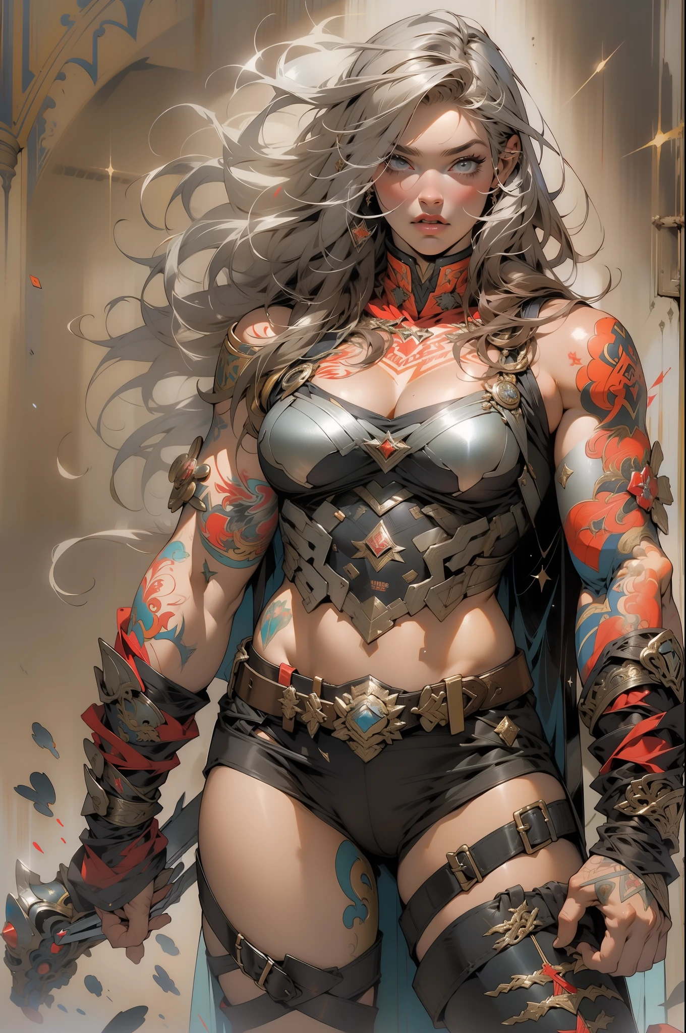 (((mulher))), (((melhor qualidade))), (((obra prima))), (((adulta))), Uma guerreira mulher de 35 anos musculosa corpo perfeito, She-thor, quase nua no estilo selvagem urbano de Simon Bisley para a capa da revista Heavy Metal, cabelo loiro, Minimum clothing, armadura (vermelho escuro com estrelas brancas), cheio de pontas e rebites manchadas de tinta, tatuagem de estrelas de 5 pontas, (((corpo inteiro))), cabelo preto curto com franja branca cobrindo a testa