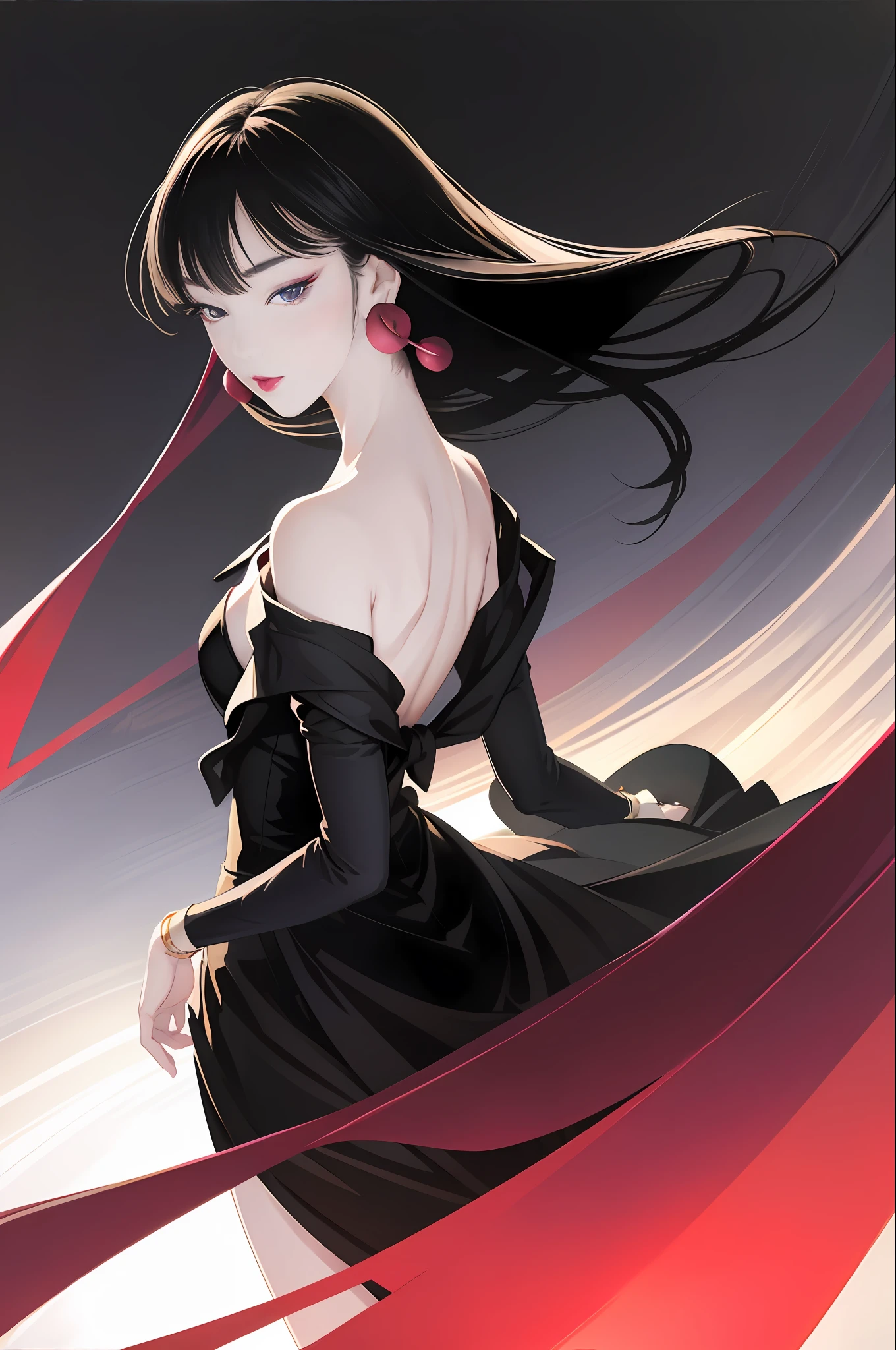 tsuruta ichiro, Narrow-eyed, 1girl in, Allback、deadpan、short-hair、shorth hair、brow、Reluctance、A dark-haired、Tucked Hair Solo, Cowgirl, Onepiece, ((mideum breasts)), Thin slit eyes、Black eyes, Light shines on the eyes、Black hair, gloves, Dress, Luxurious Jewelry, earrings, sharp eye、 elbow groves,Raise your hands and tie your hair back, random color, random color dress, Makeup for long eyes, Slender eyes、lip stick, Complex petal pattern, Rim Light, Back Light, pastel color,Studio Lighting