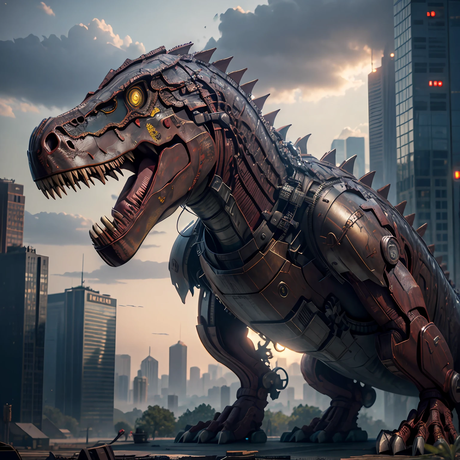 dinosaur rex, iron man armor, detailed, realistic, in a devastated new iroquo city, photorealistic