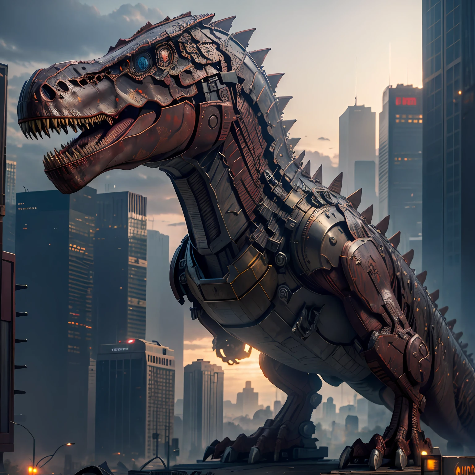 dinosaur rex, iron man armor, detailed, realistic, in a devastated new iroquo city, photorealistic